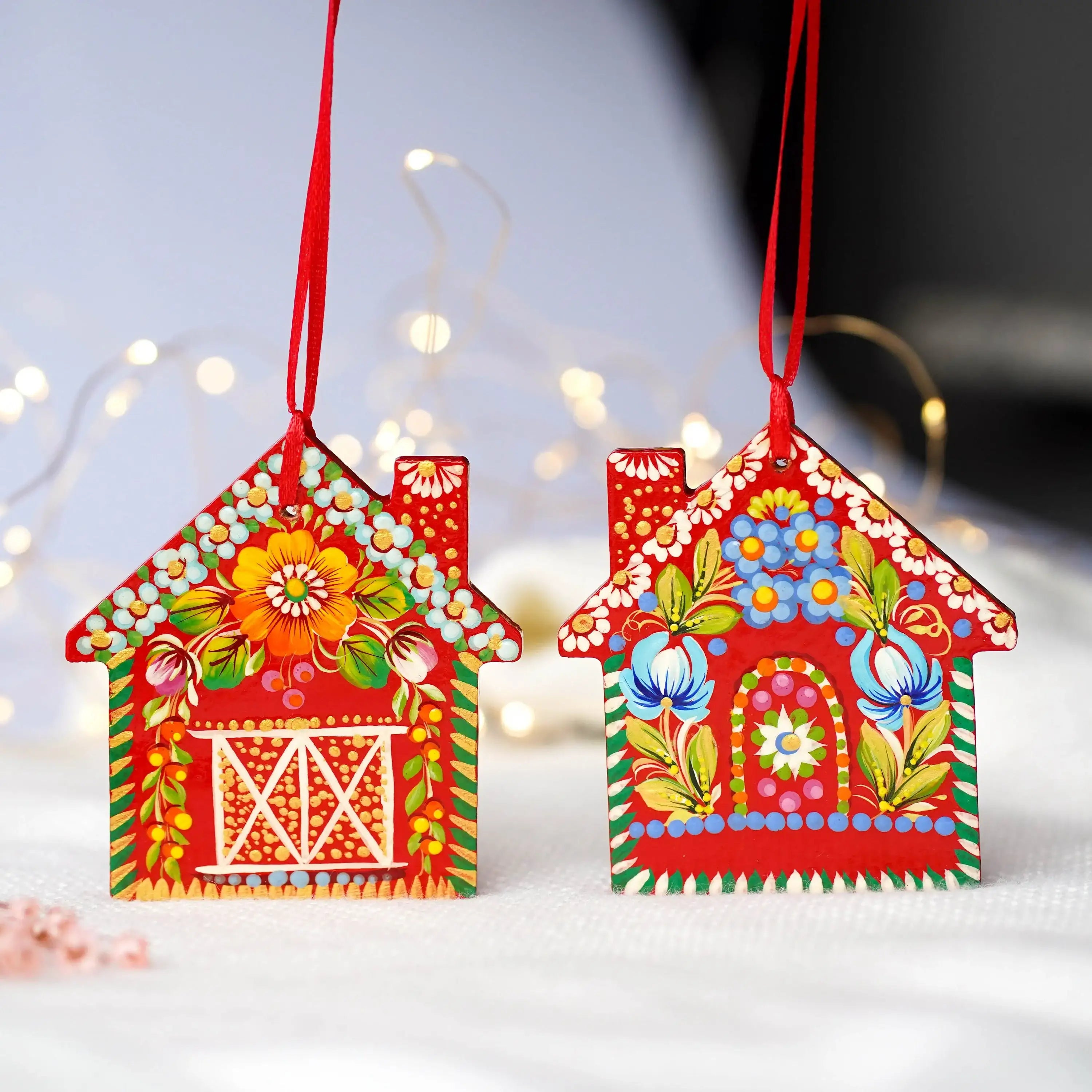 Personalized Set of 2 Wooden Painted Gingerbread House Ornament & Red Barn Ornament - Handmade Petrykivka Art