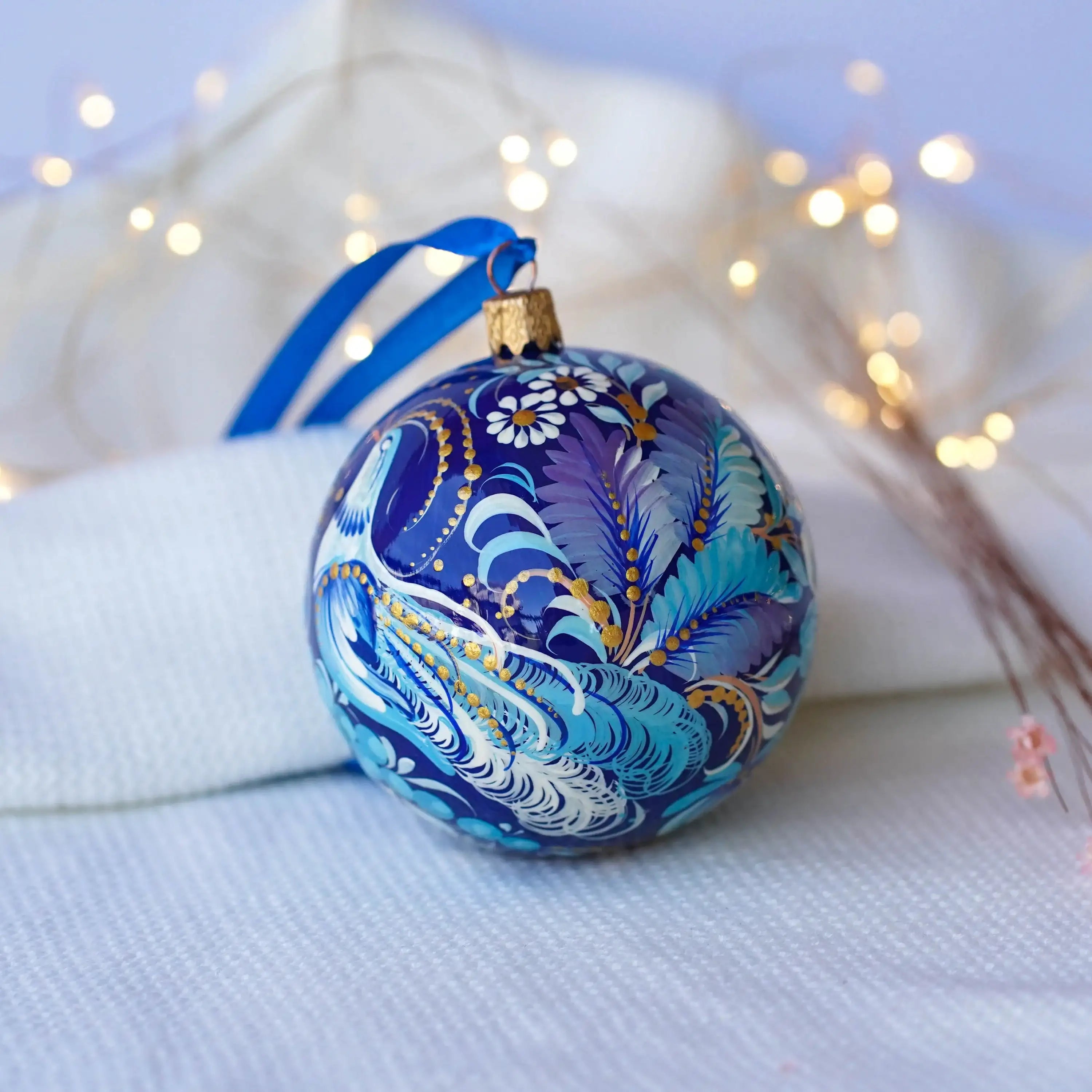 Hand-painted Blue Fairy Bird Christmas Ornament Ball 3.14 in, Handmade Artisanal Christmas Tree Decoration, Petrykivka Art