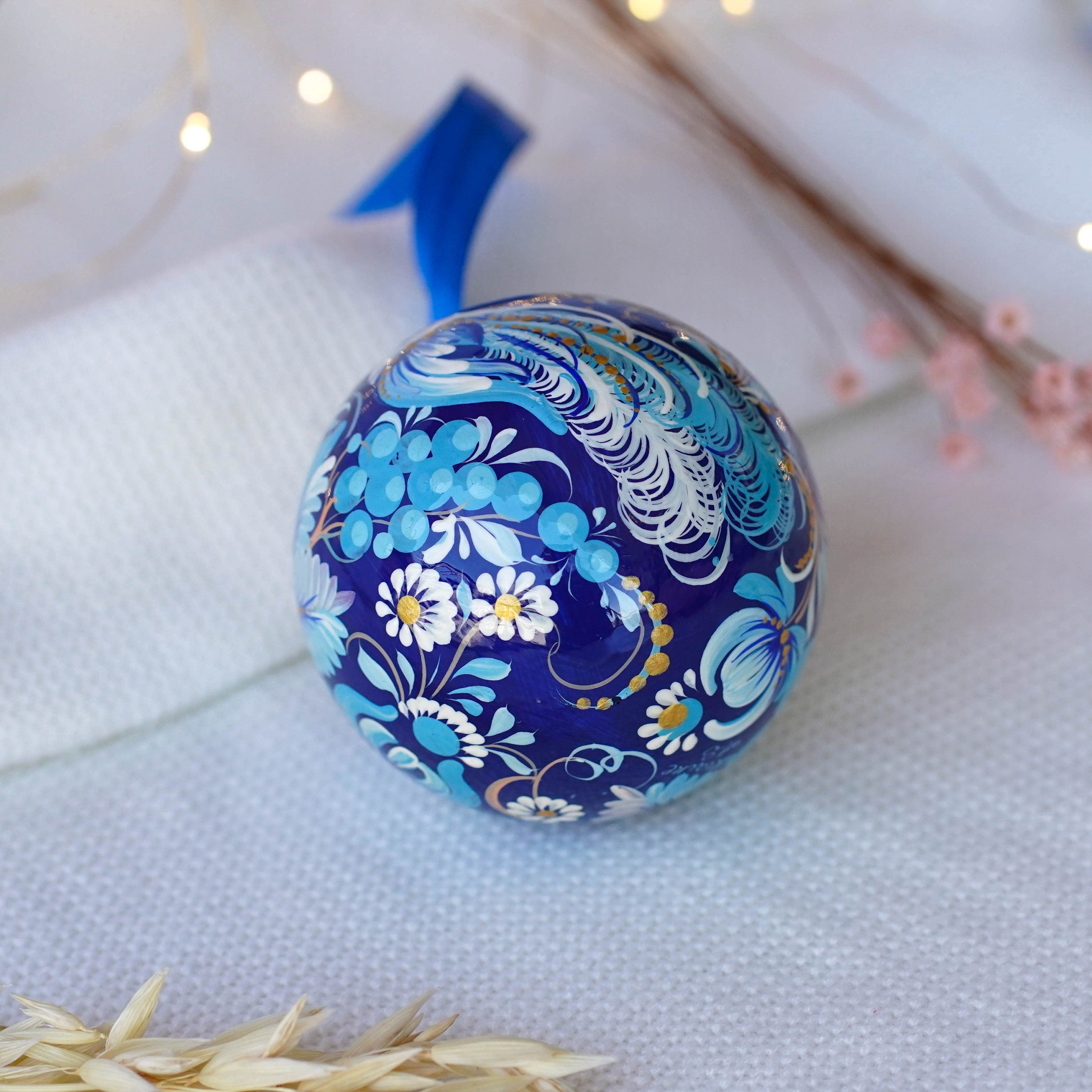 Hand-painted Blue Fairy Bird Christmas Ornament Ball 3.14 in, Handmade Artisanal Christmas Tree Decoration, Petrykivka Art