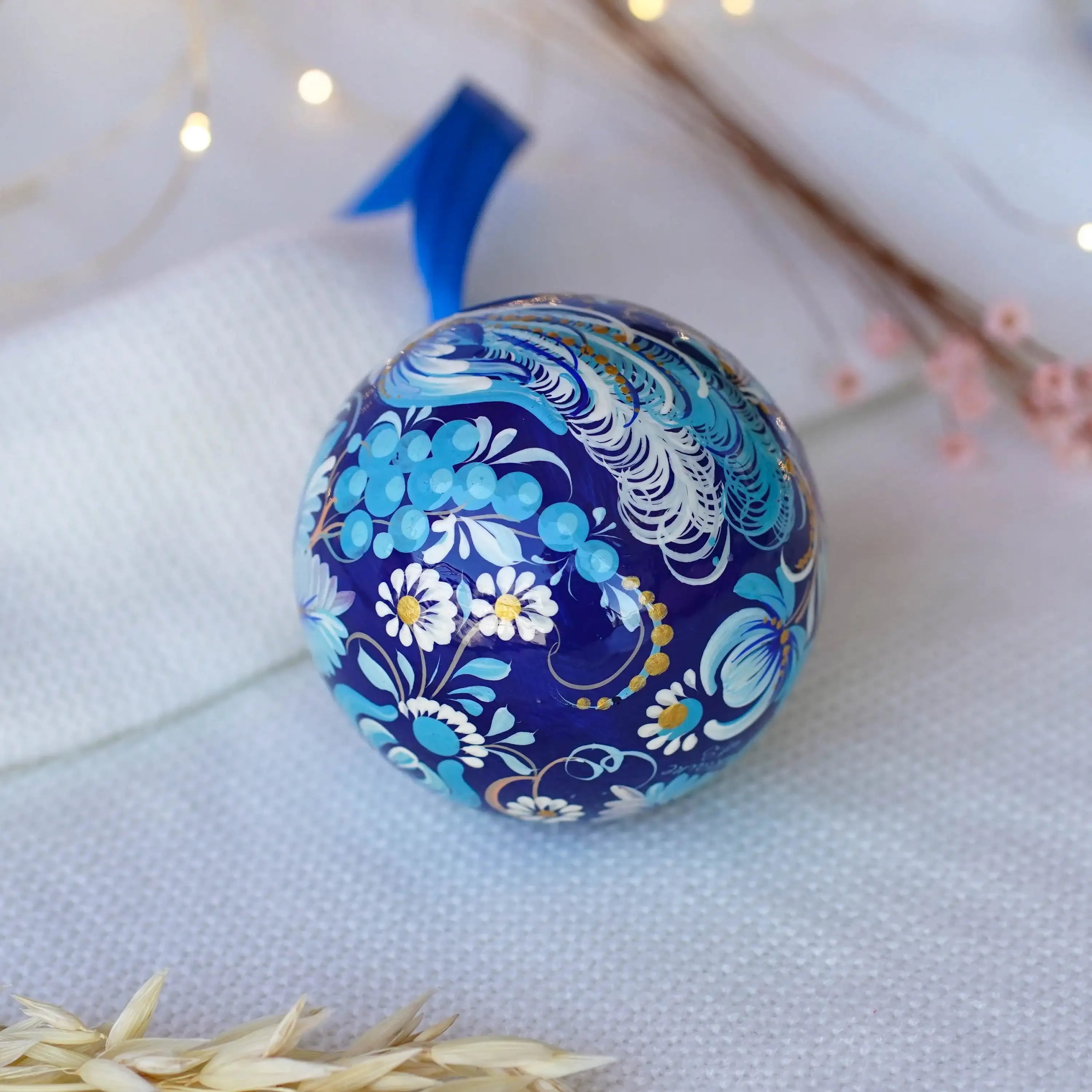 Hand-painted Blue Fairy Bird Christmas Ornament Ball 3.14 in, Handmade Artisanal Christmas Tree Decoration, Petrykivka Art