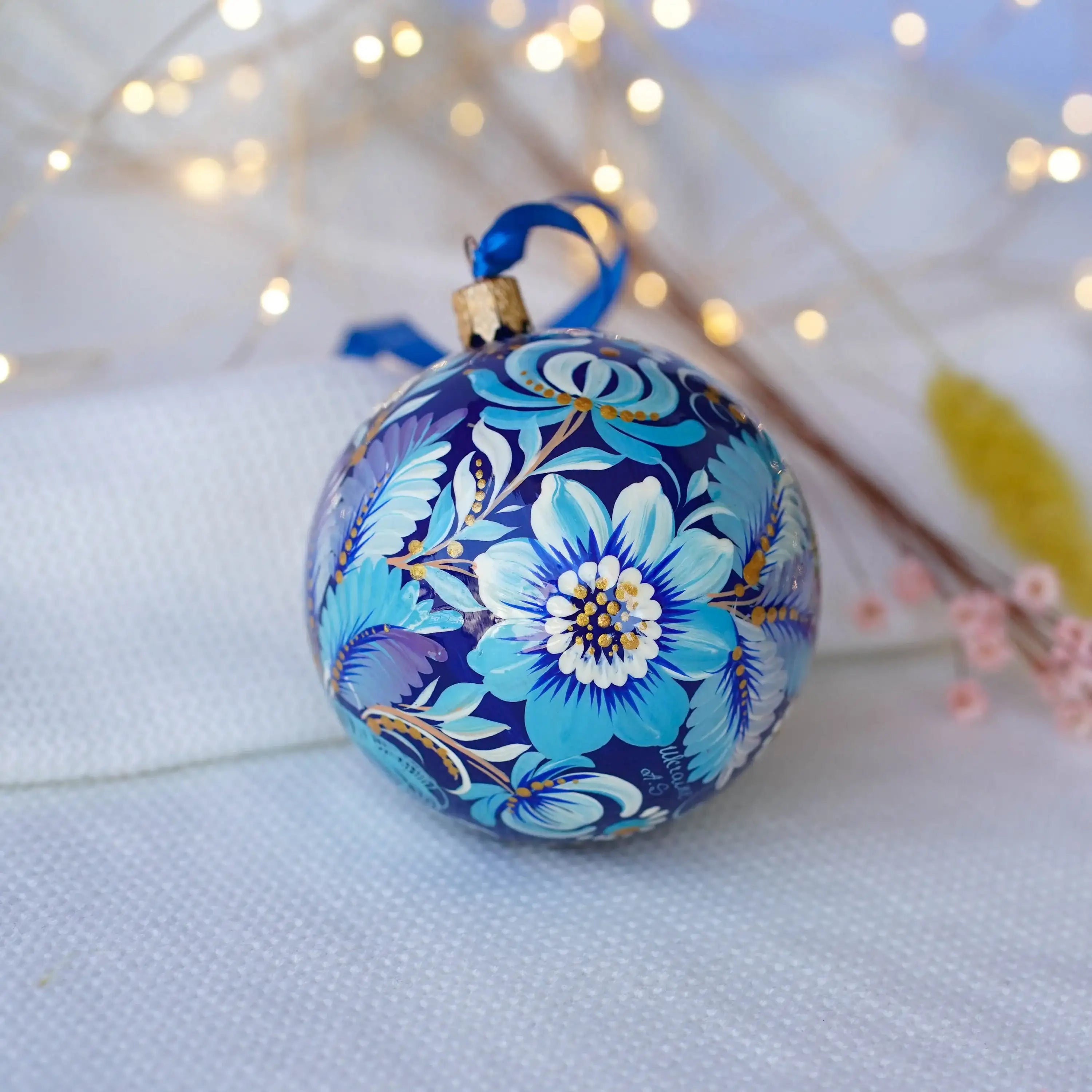 Hand-painted Blue Fairy Bird Christmas Ornament Ball 3.14 in, Handmade Artisanal Christmas Tree Decoration, Petrykivka Art