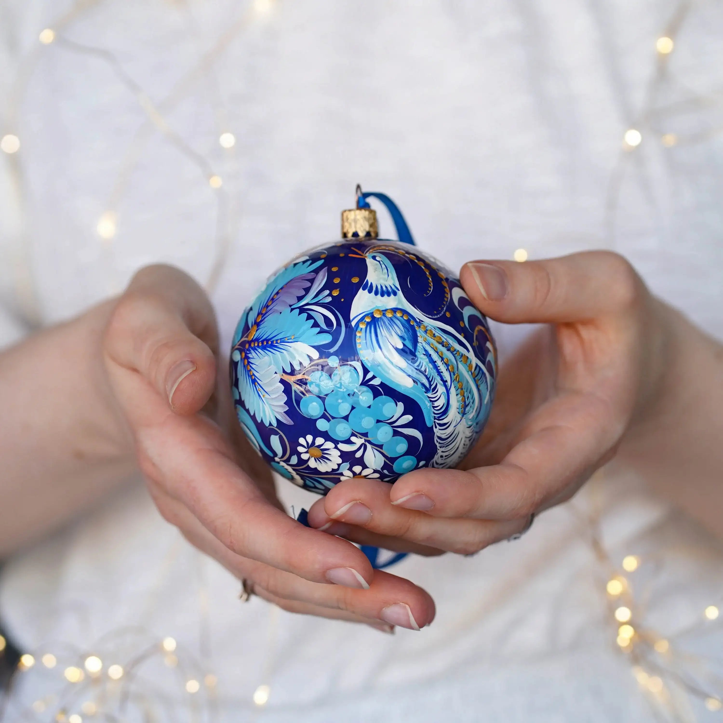 Hand-painted Blue Fairy Bird Christmas Ornament Ball 3.14 in, Handmade Artisanal Christmas Tree Decoration, Petrykivka Art