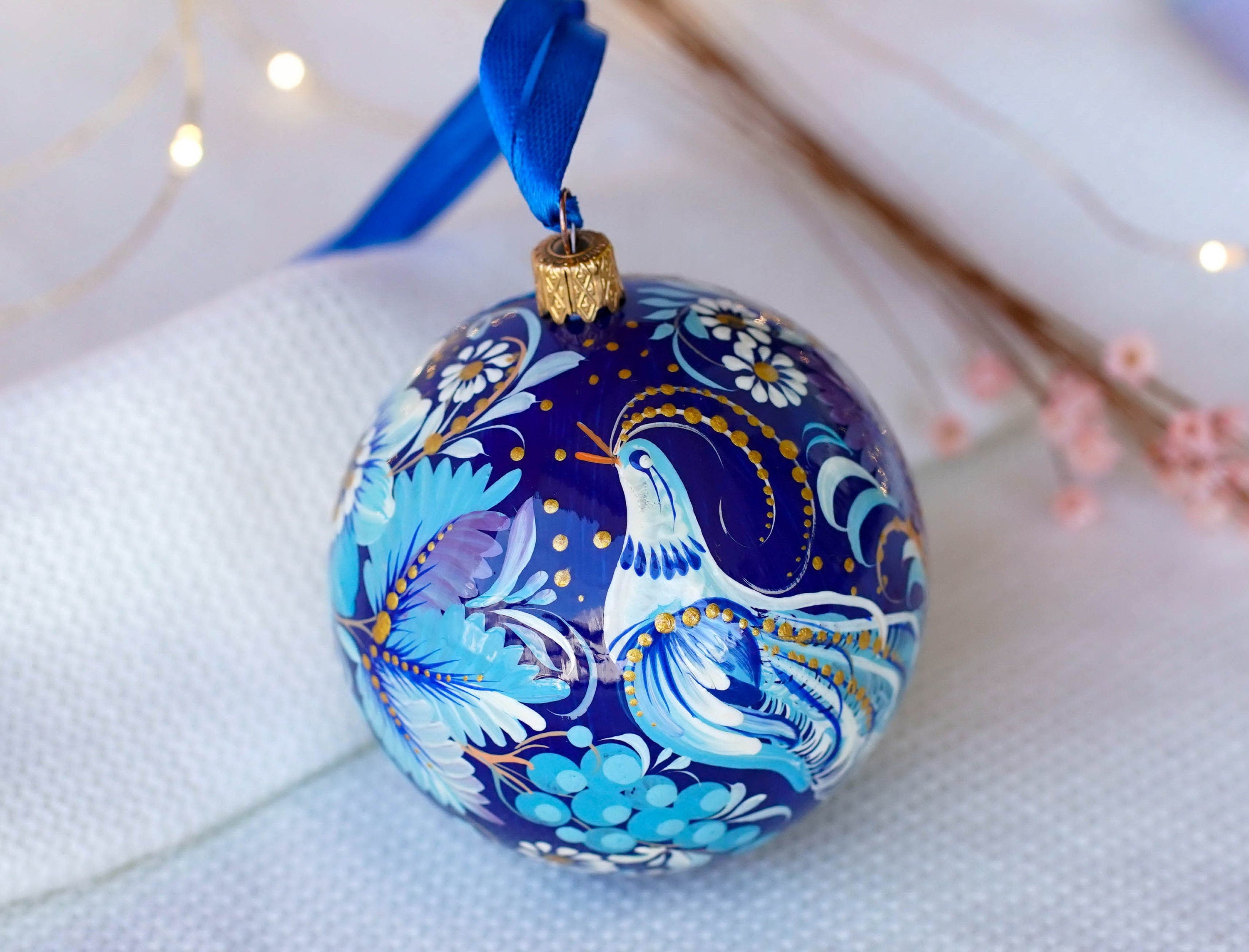 Painted Set of 3 Fairy Bird Christmas Ornament Balls 3.14 in - Artisanal Christmas Tree Decorations, Petrykivka Art