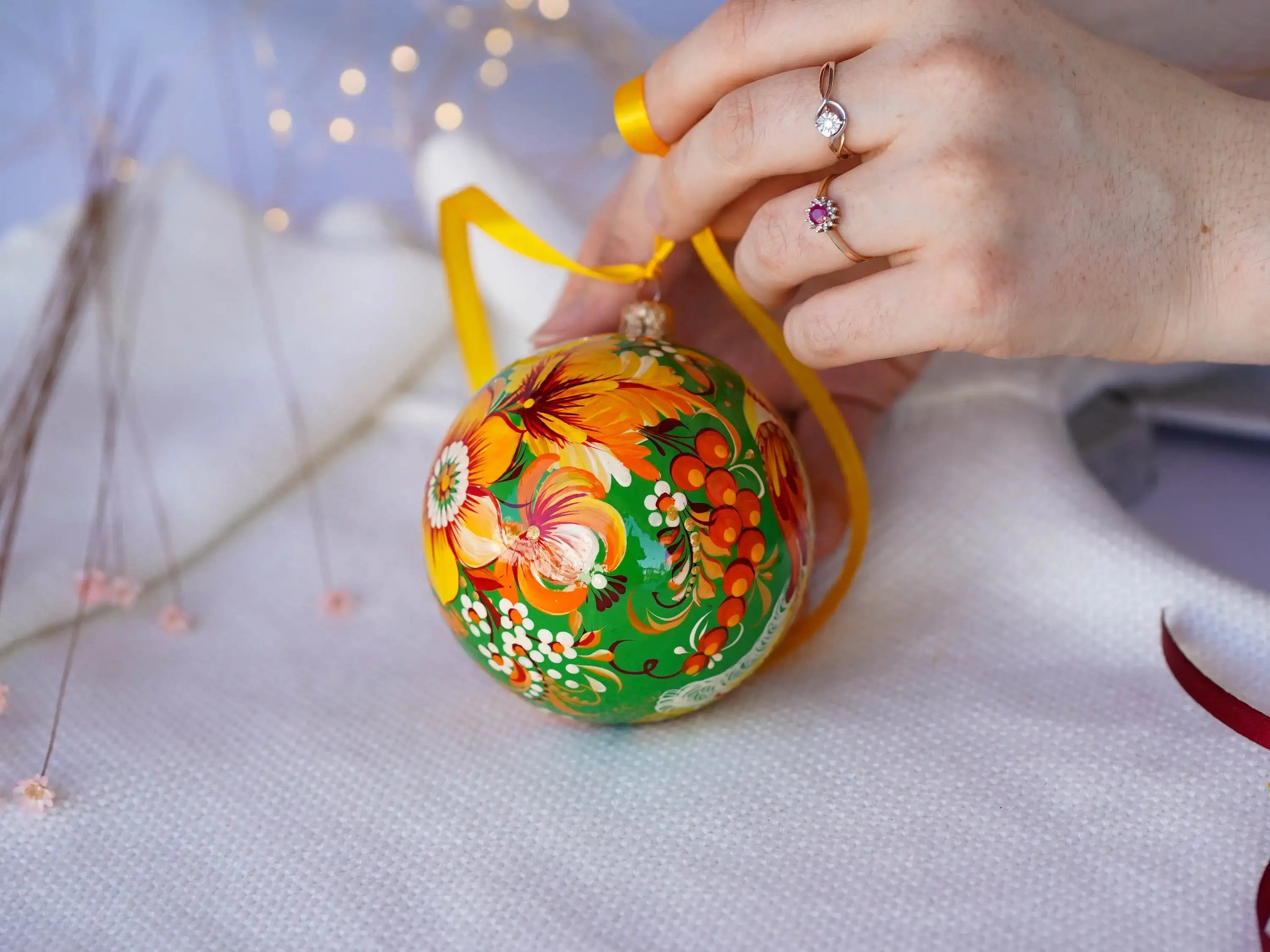 Painted Set of 3 Fairy Bird Christmas Ornament Balls 3.14 in - Artisanal Christmas Tree Decorations, Petrykivka Art