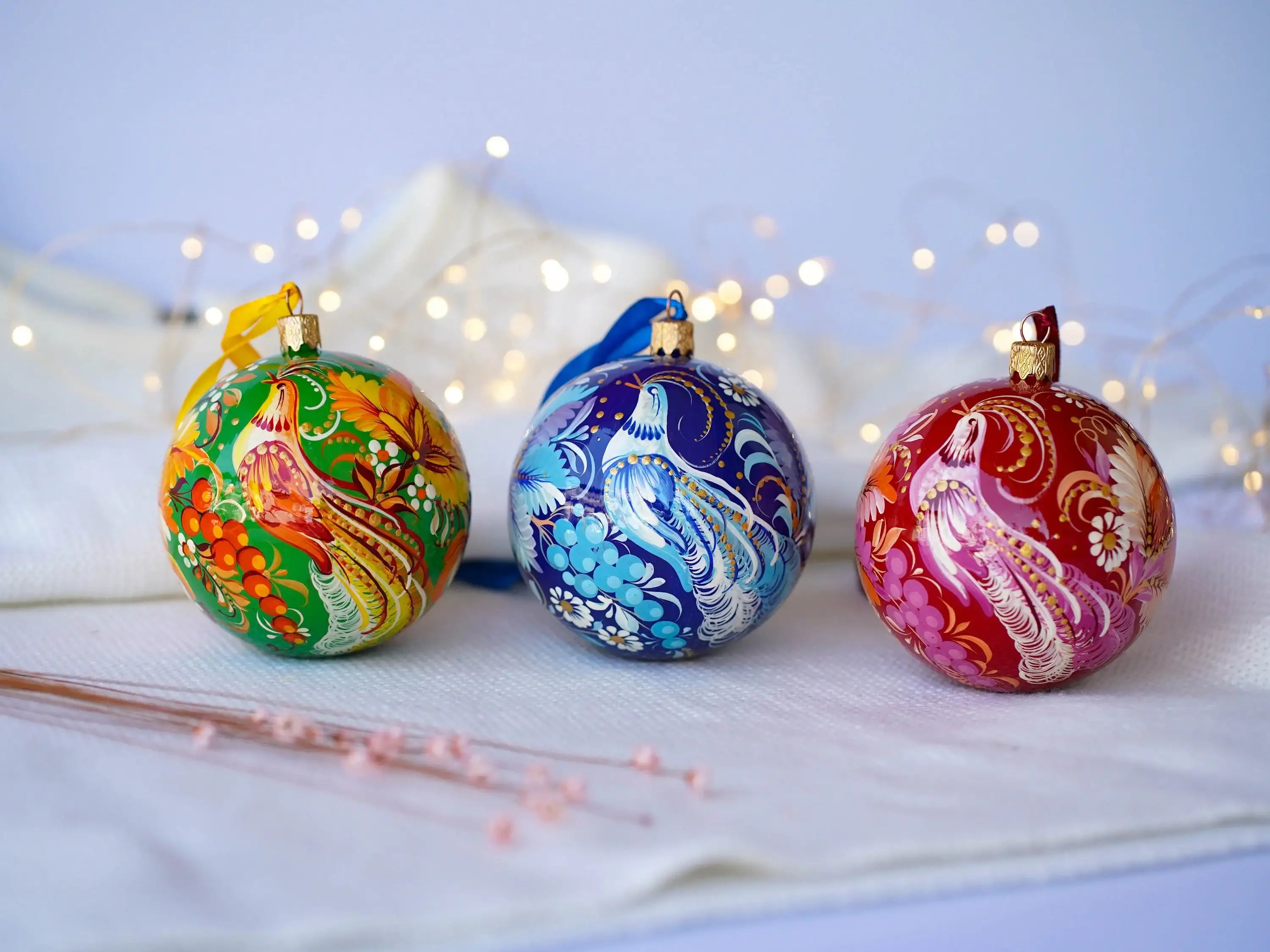 Painted Set of 3 Fairy Bird Christmas Ornament Balls 3.14 in - Artisanal Christmas Tree Decorations, Petrykivka Art