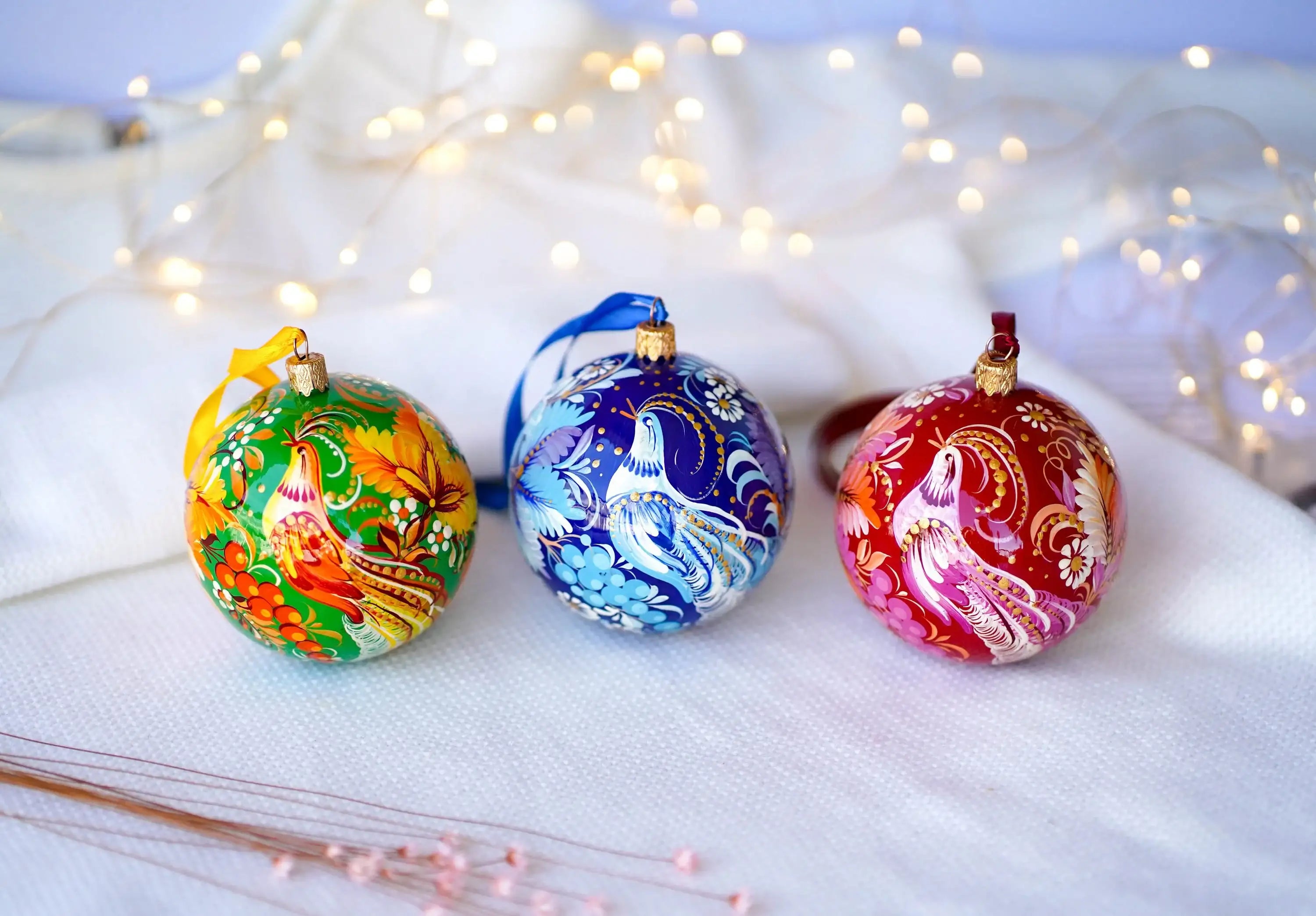 Painted Set of 3 Fairy Bird Christmas Ornament Balls 3.14 in - Artisanal Christmas Tree Decorations, Petrykivka Art