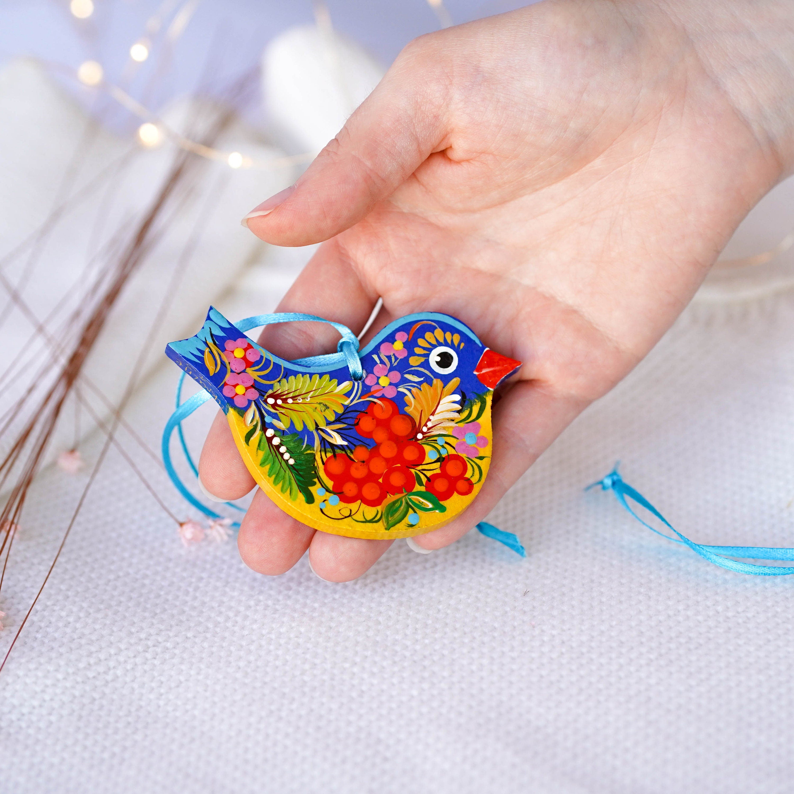 Painted Ukrainian Wooden Bird Easter Ornament
