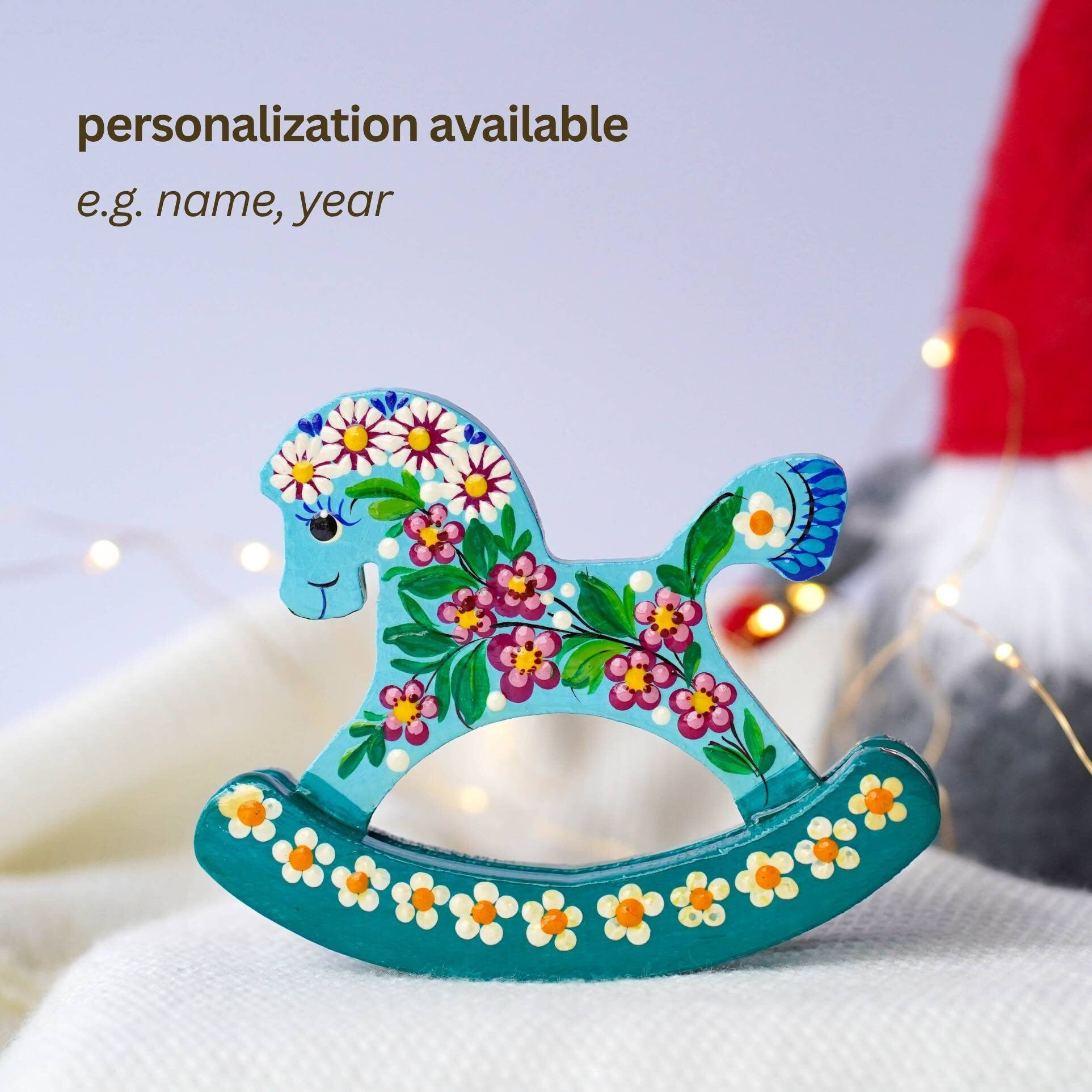 Wooden rocking horse ornament hand-painted with Ukrainian folk art, Personalized handmade horse Christmas ornament, Cute desk decor