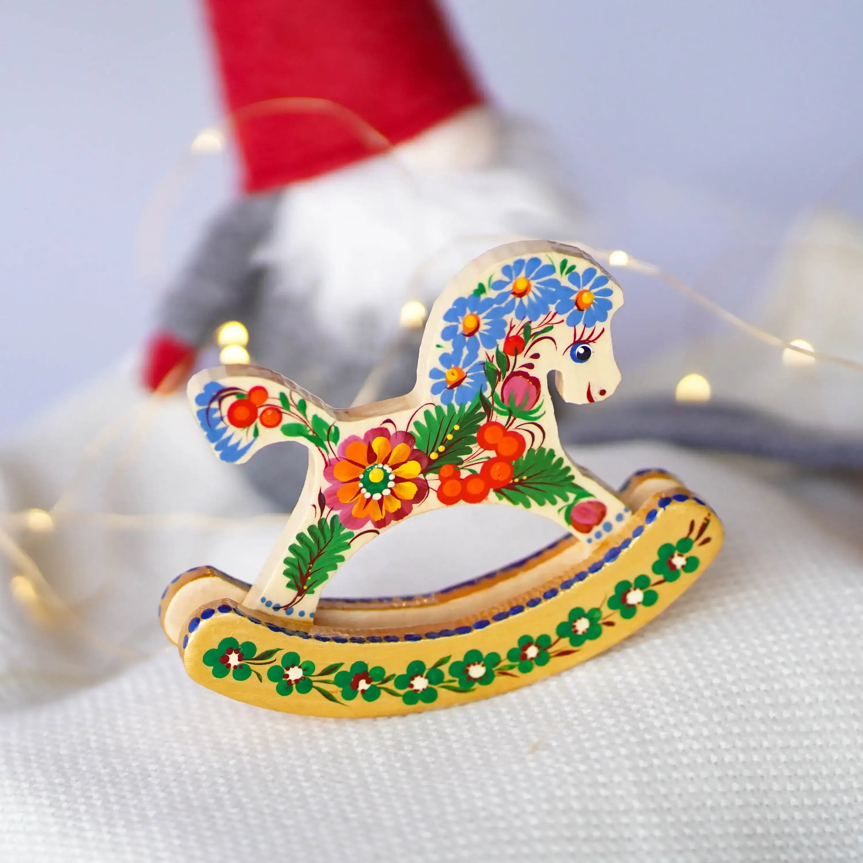 Wooden rocking horse ornament hand-painted with Ukrainian folk art, Personalized handmade horse Christmas ornament, Cute desk decor