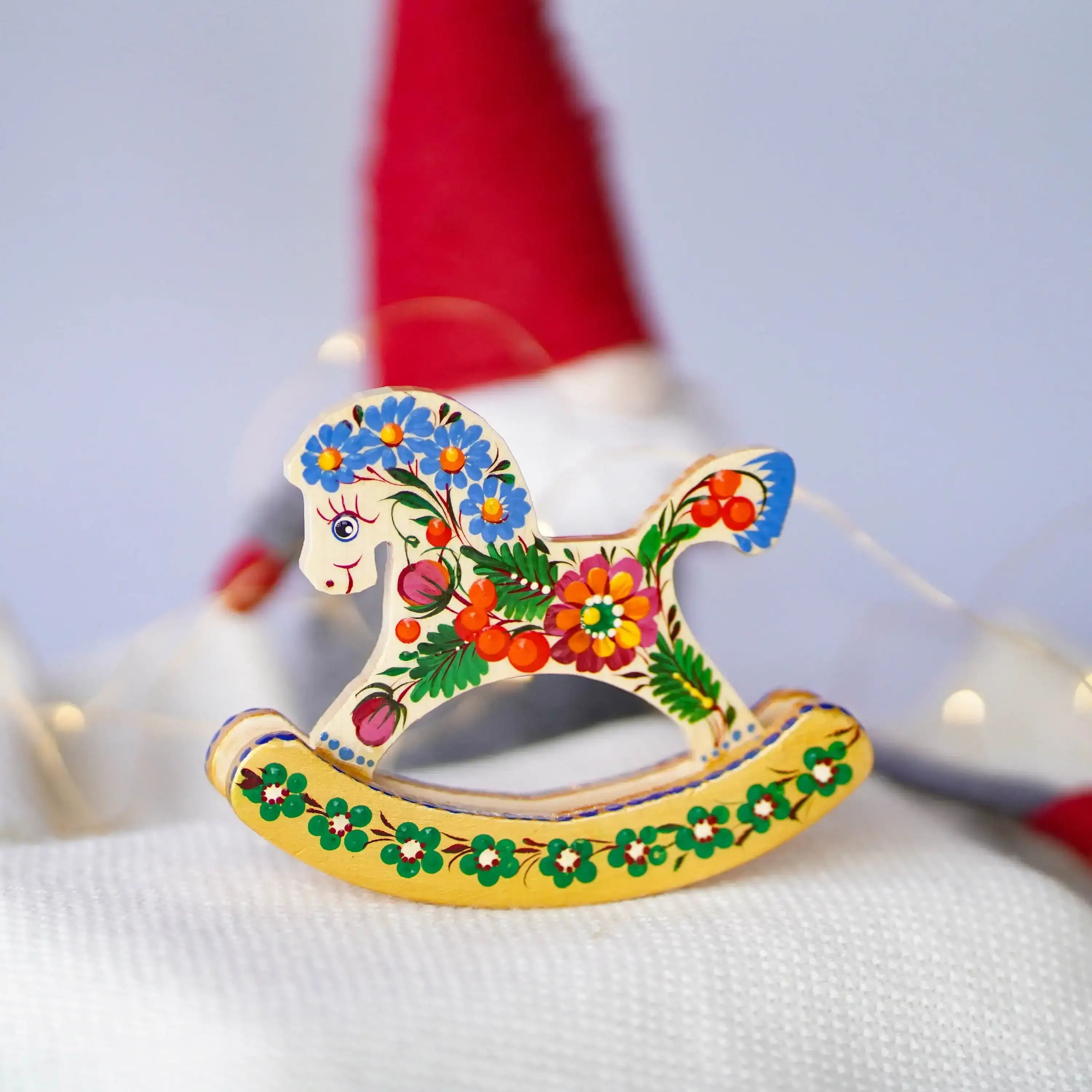 Wooden rocking horse ornament hand-painted with Ukrainian folk art, Personalized handmade horse Christmas ornament, Cute desk decor