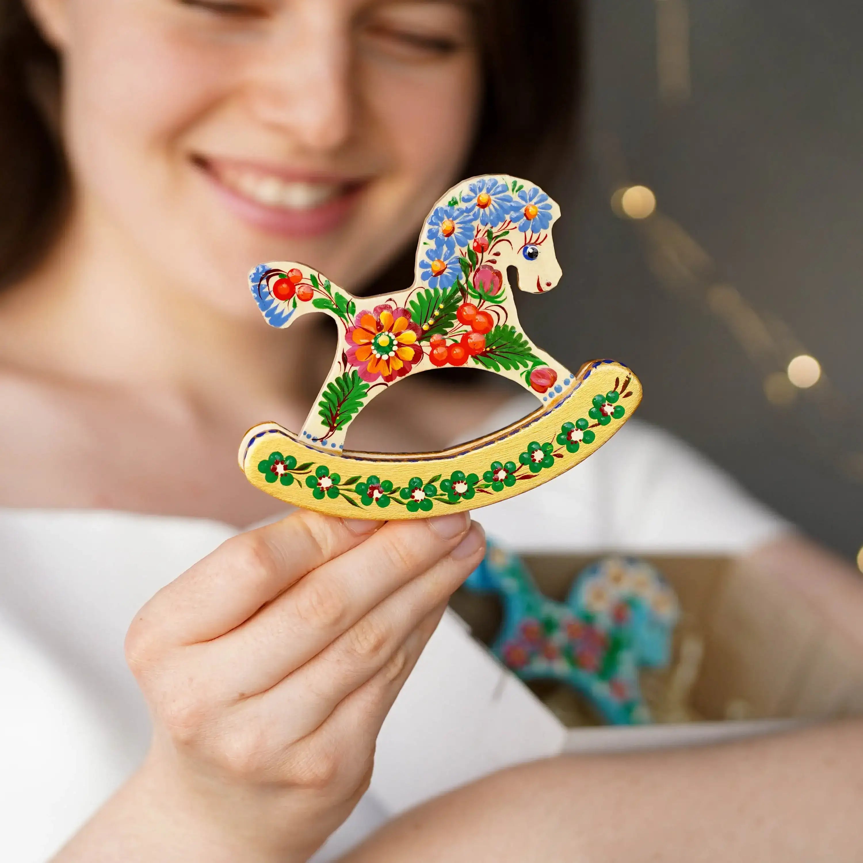 Wooden rocking horse ornament hand-painted with Ukrainian folk art, Personalized handmade horse Christmas ornament, Cute desk decor