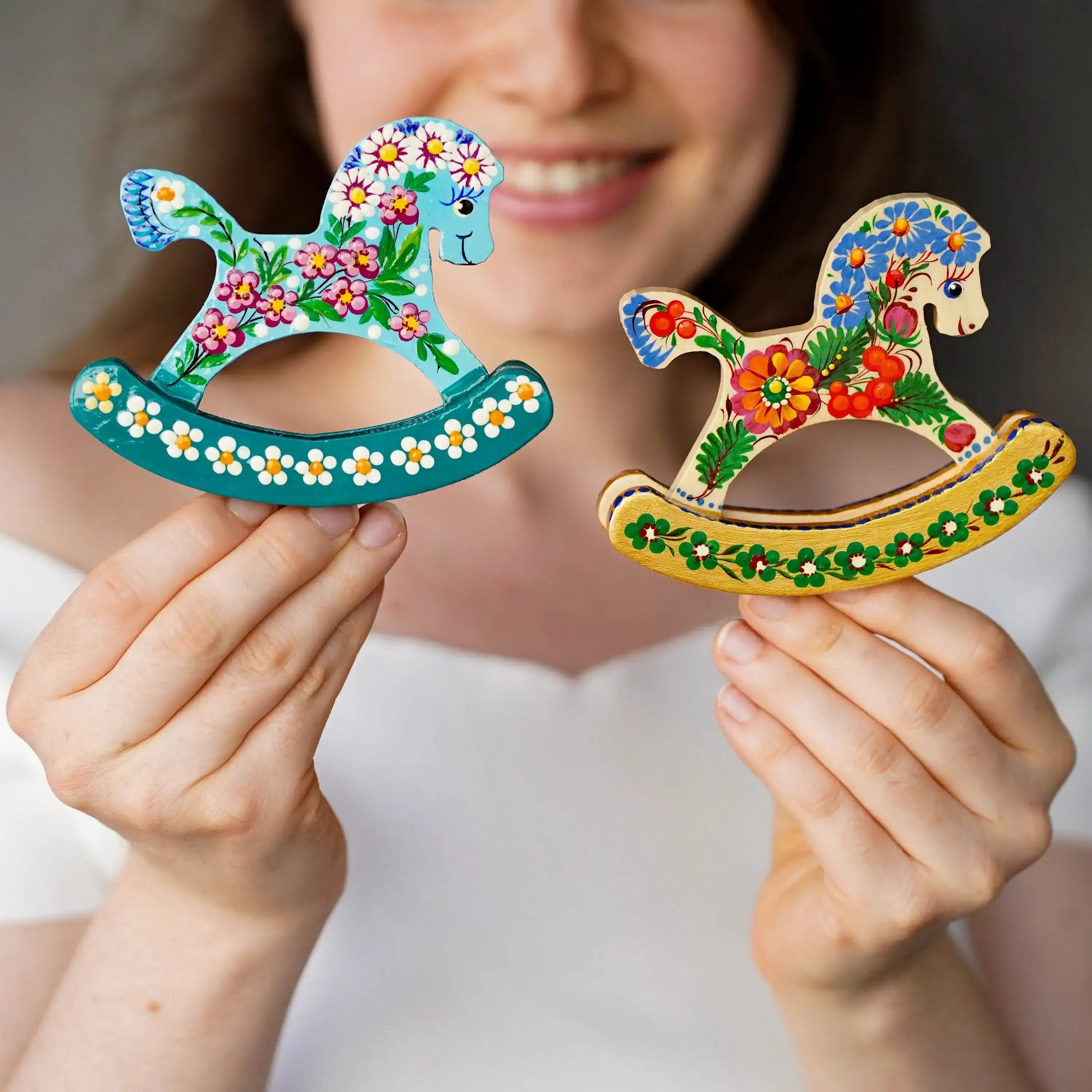 Wooden rocking horse ornament hand-painted with Ukrainian folk art, Personalized handmade horse Christmas ornament, Cute desk decor