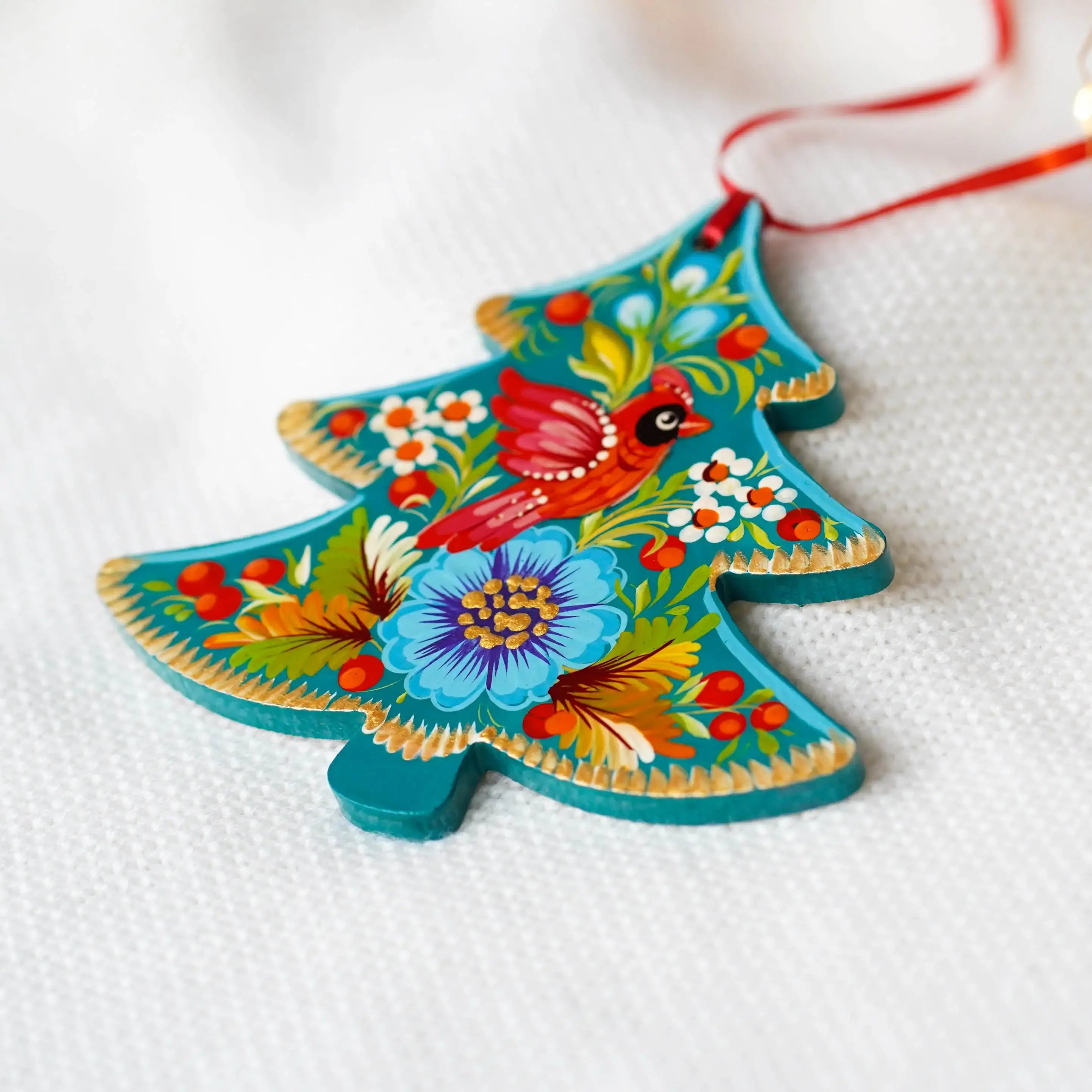 Hand-painted Wooden Red Cardinal Christmas Tree Ornament - Artisanal Christmas Tree Decoration, Petrykivka Art
