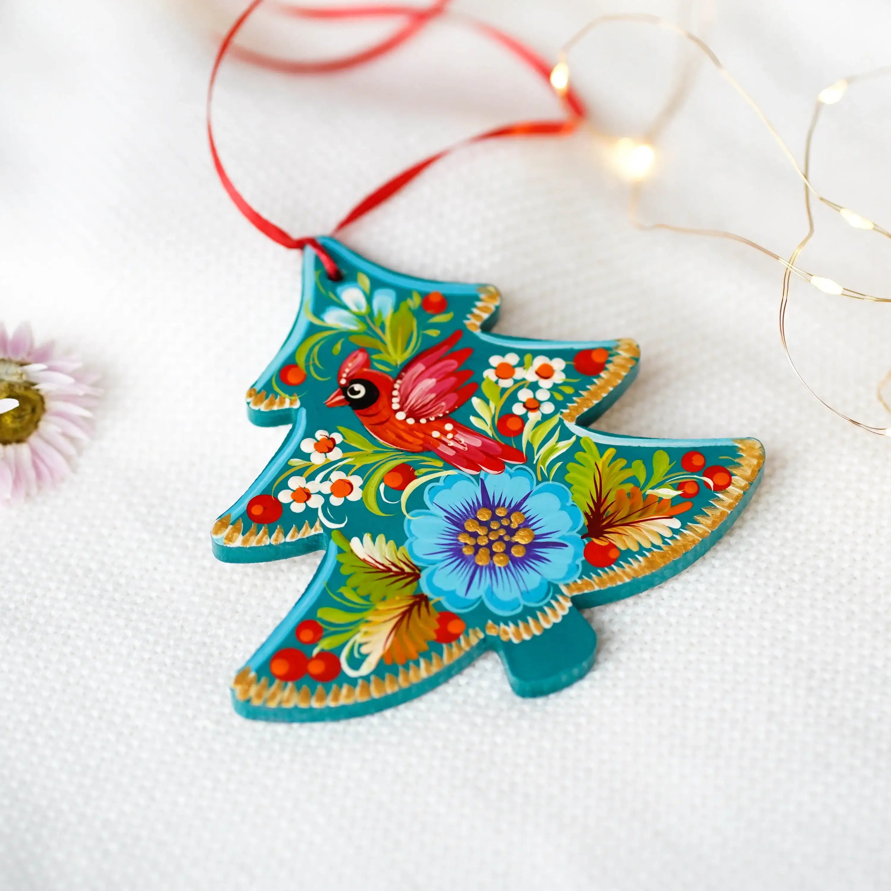 Hand-painted Wooden Red Cardinal Christmas Tree Ornament - Artisanal Christmas Tree Decoration, Petrykivka Art