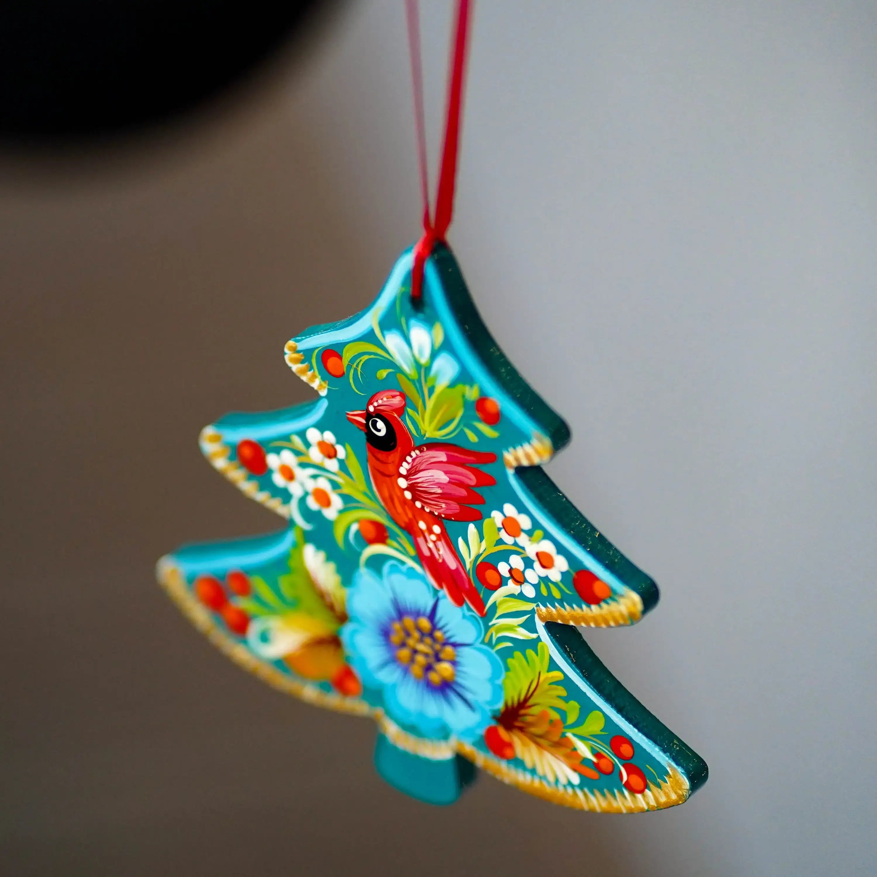 Hand-painted Wooden Red Cardinal Christmas Tree Ornament - Artisanal Christmas Tree Decoration, Petrykivka Art
