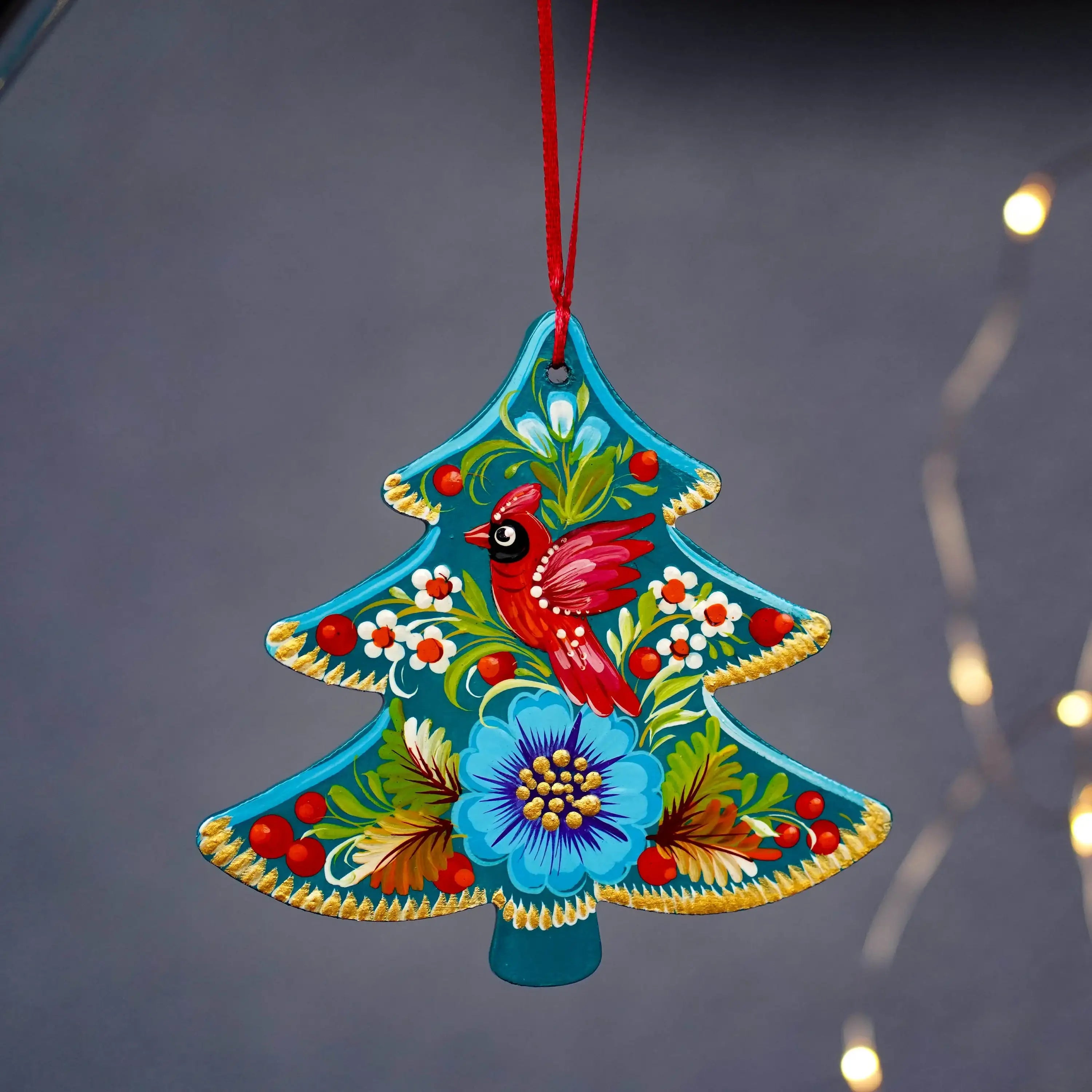 Hand-painted Wooden Red Cardinal Christmas Tree Ornament - Artisanal Christmas Tree Decoration, Petrykivka Art