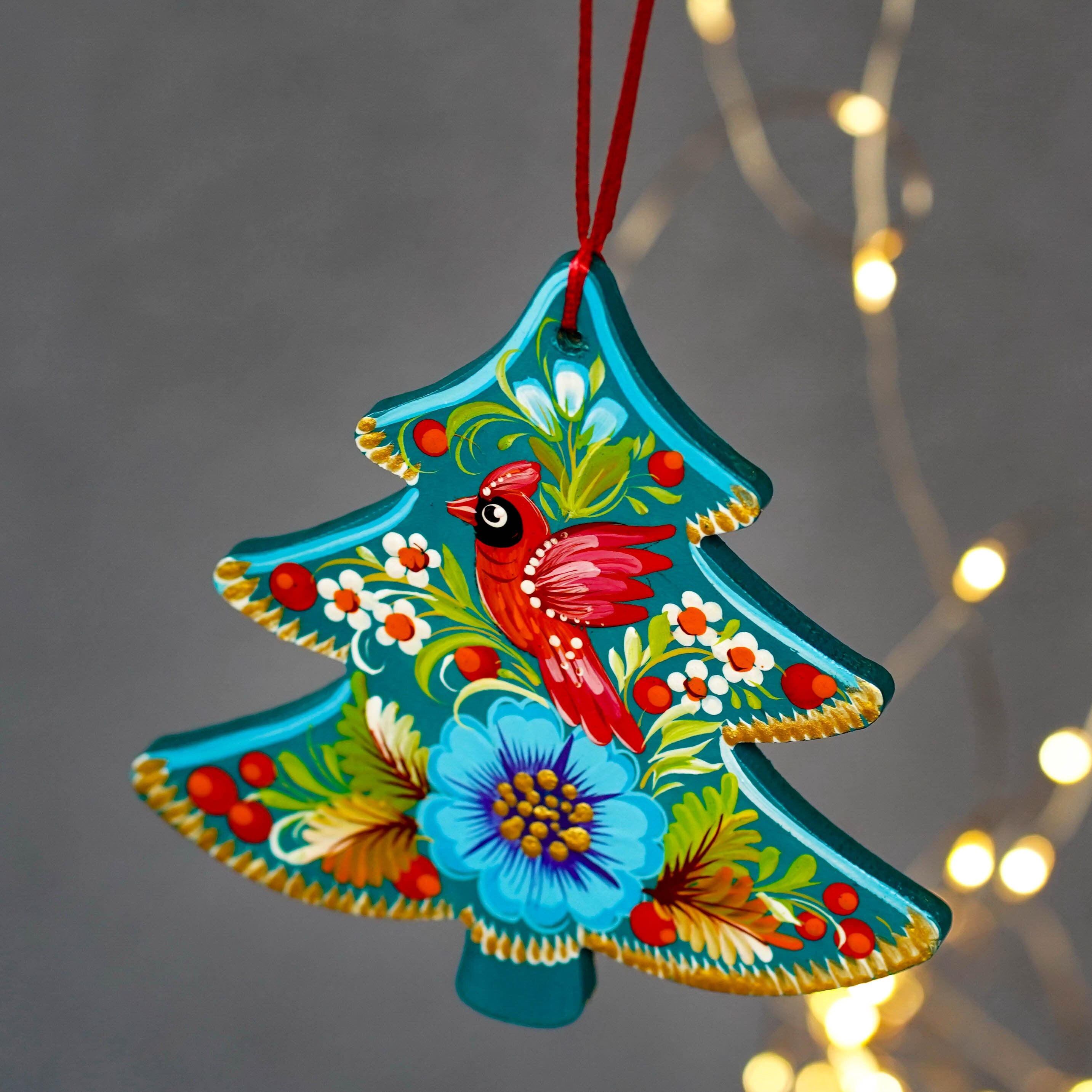 Hand-painted Wooden Red Cardinal Christmas Tree Ornament - Artisanal Christmas Tree Decoration, Petrykivka Art