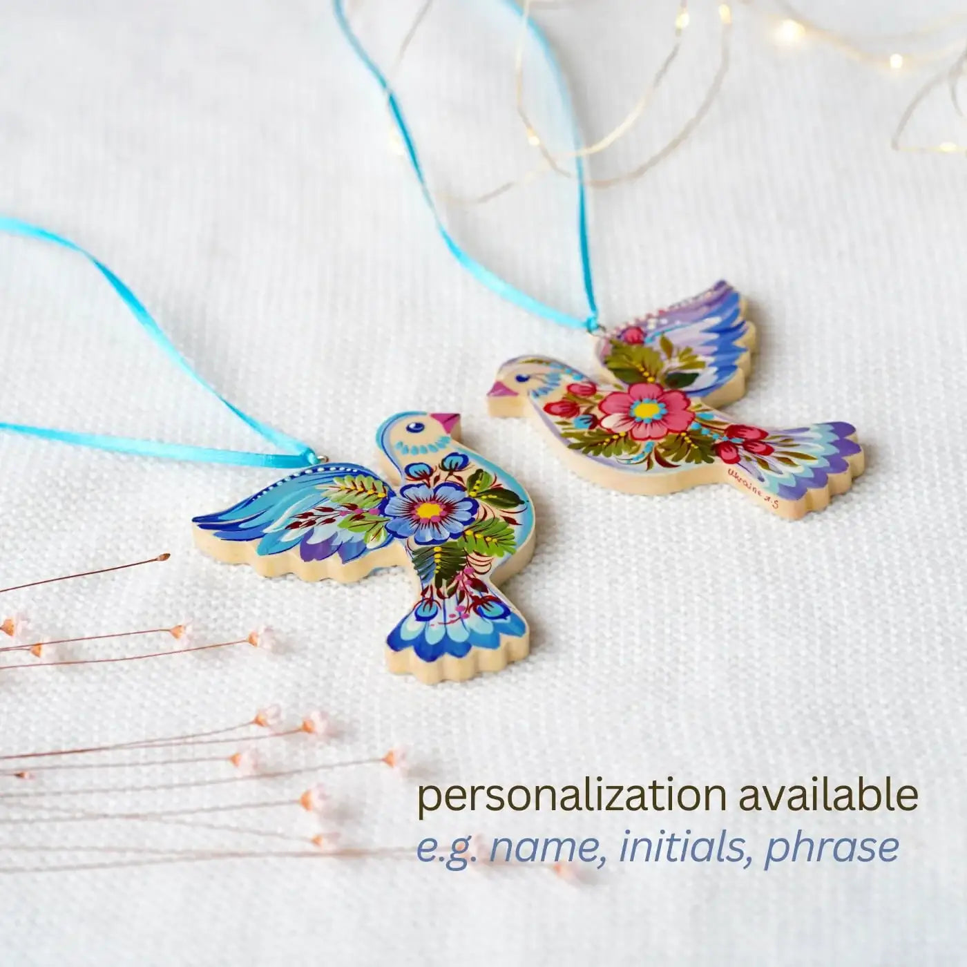 Set of 2 Painted Wooden Blue Dove Ornaments, Petrykivka Art