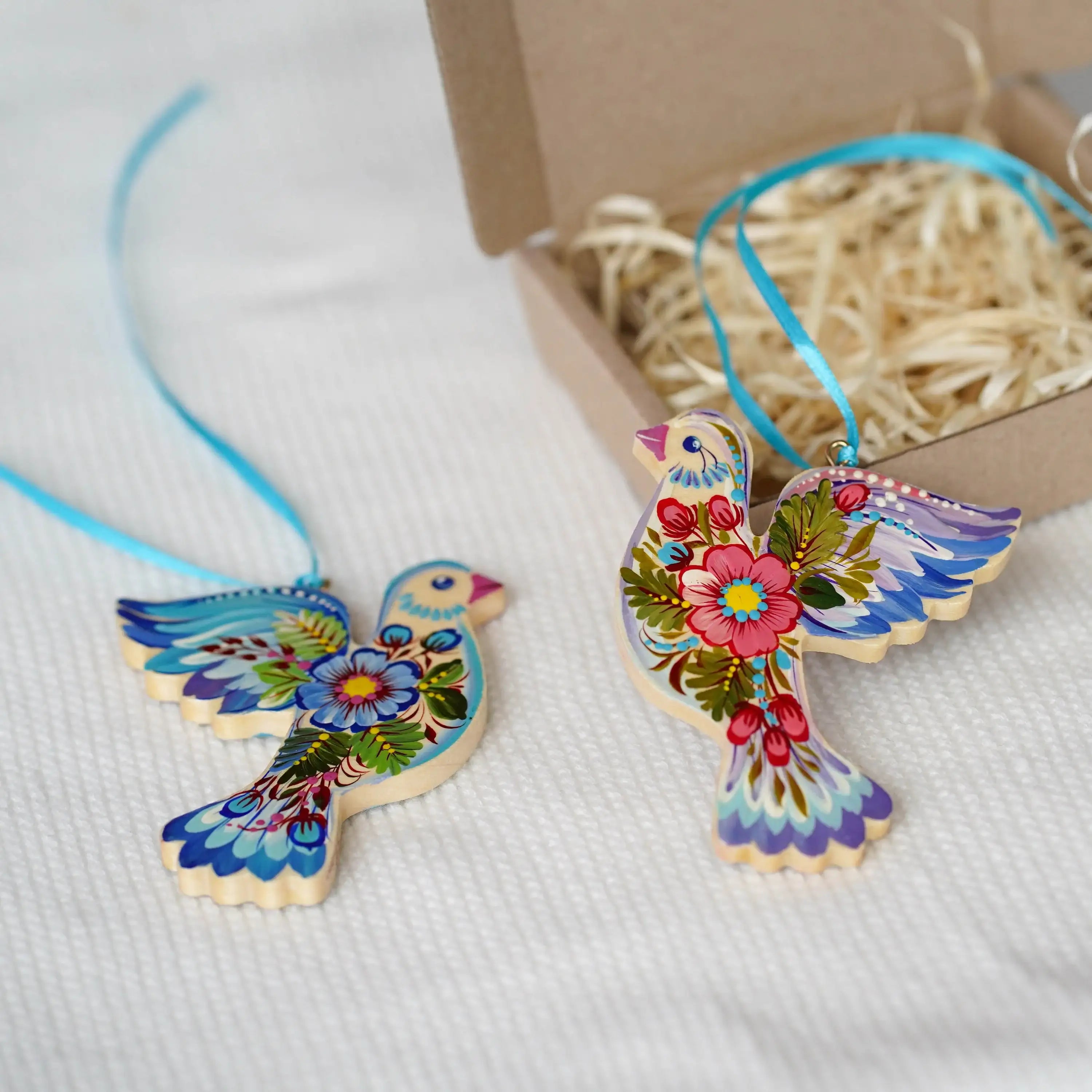Set of 2 Painted Wooden Blue Dove Ornaments, Petrykivka Art