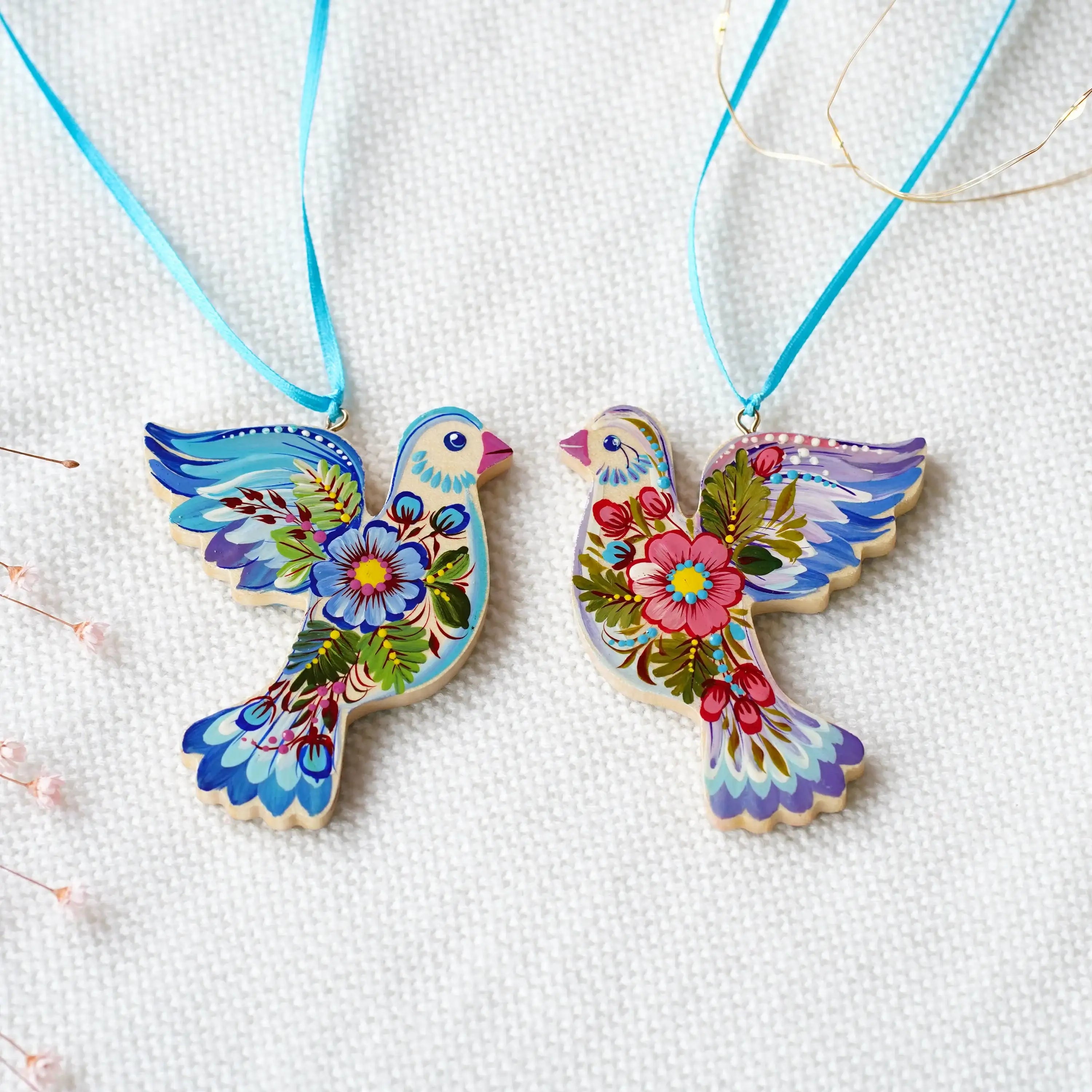 Set of 2 Painted Wooden Blue Dove Ornaments, Petrykivka Art