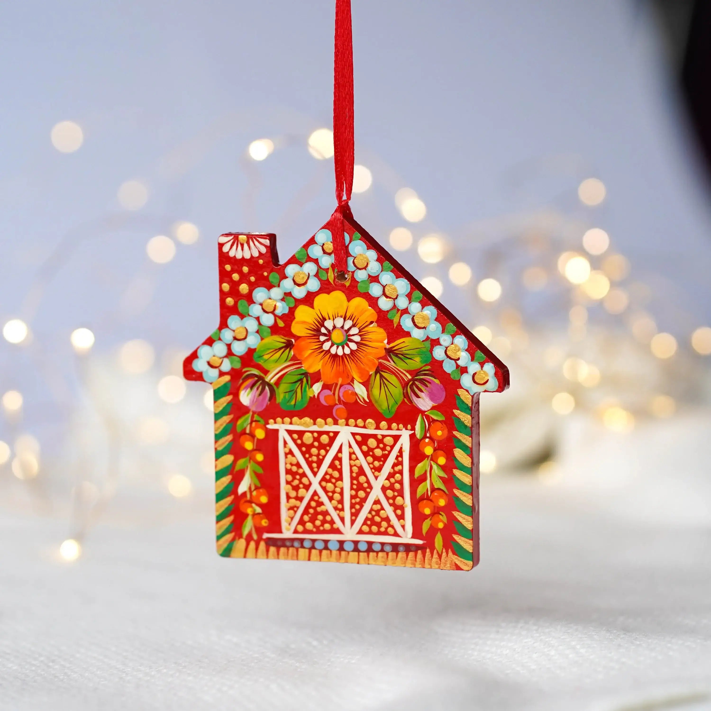 Personalized Painted Wooden Red Barn Christmas Ornament - Gingerbread House Ornament, Handmade Petrykivka Art