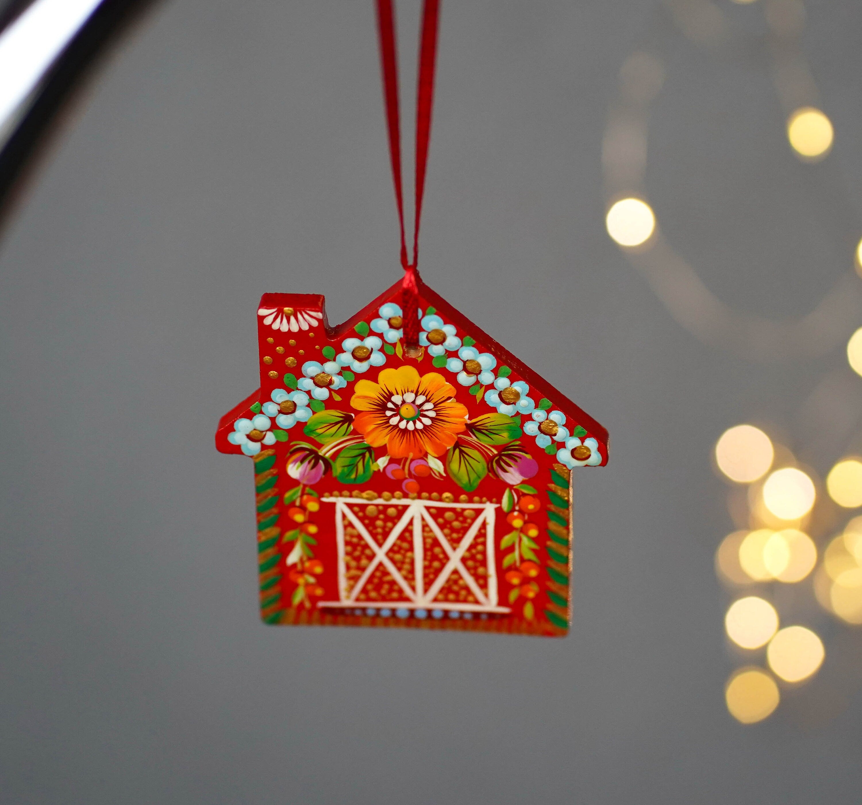 Personalized Painted Wooden Red Barn Christmas Ornament - Gingerbread House Ornament, Handmade Petrykivka Art