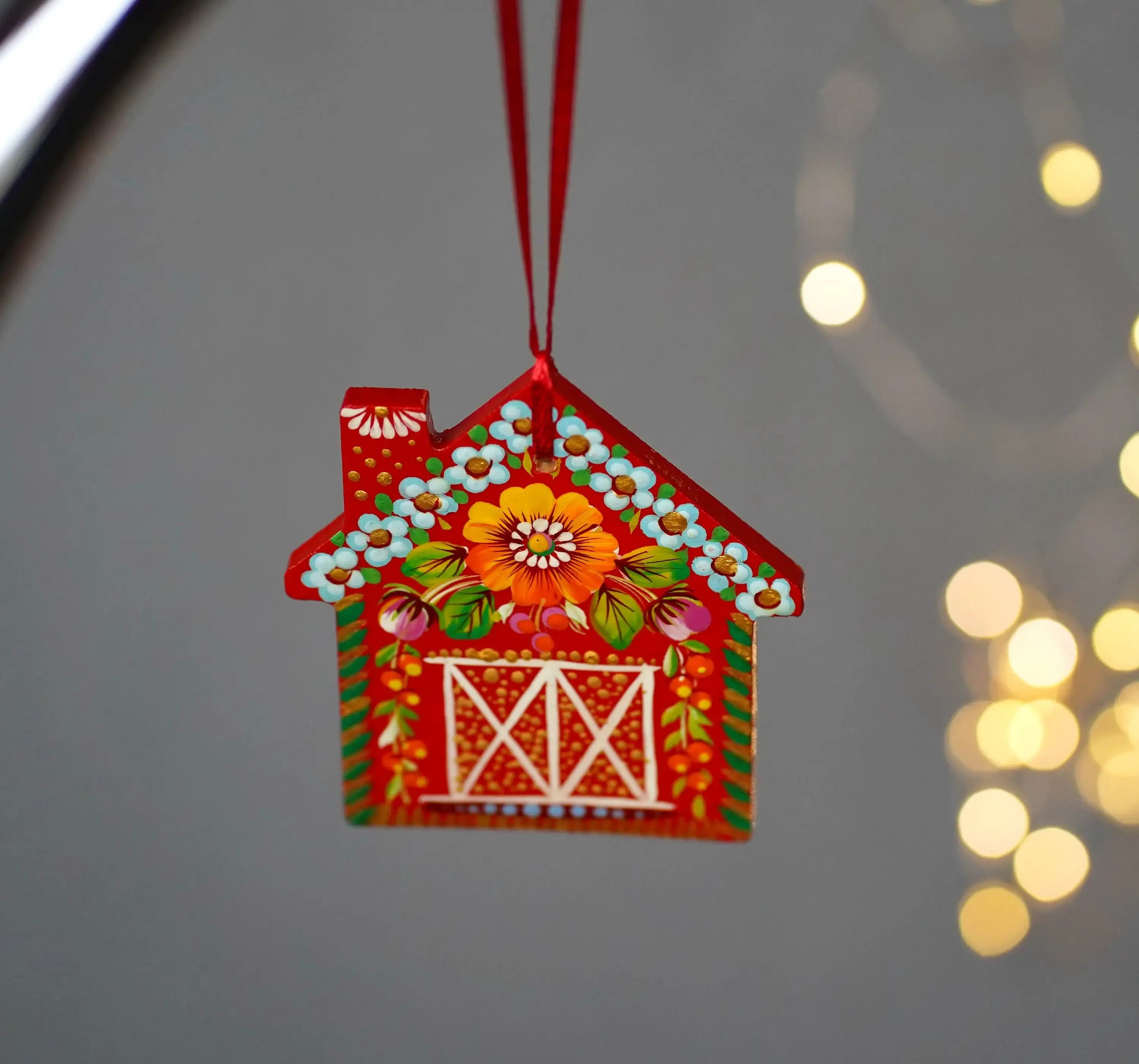 Personalized Painted Wooden Red Barn Christmas Ornament - Gingerbread House Ornament, Handmade Petrykivka Art