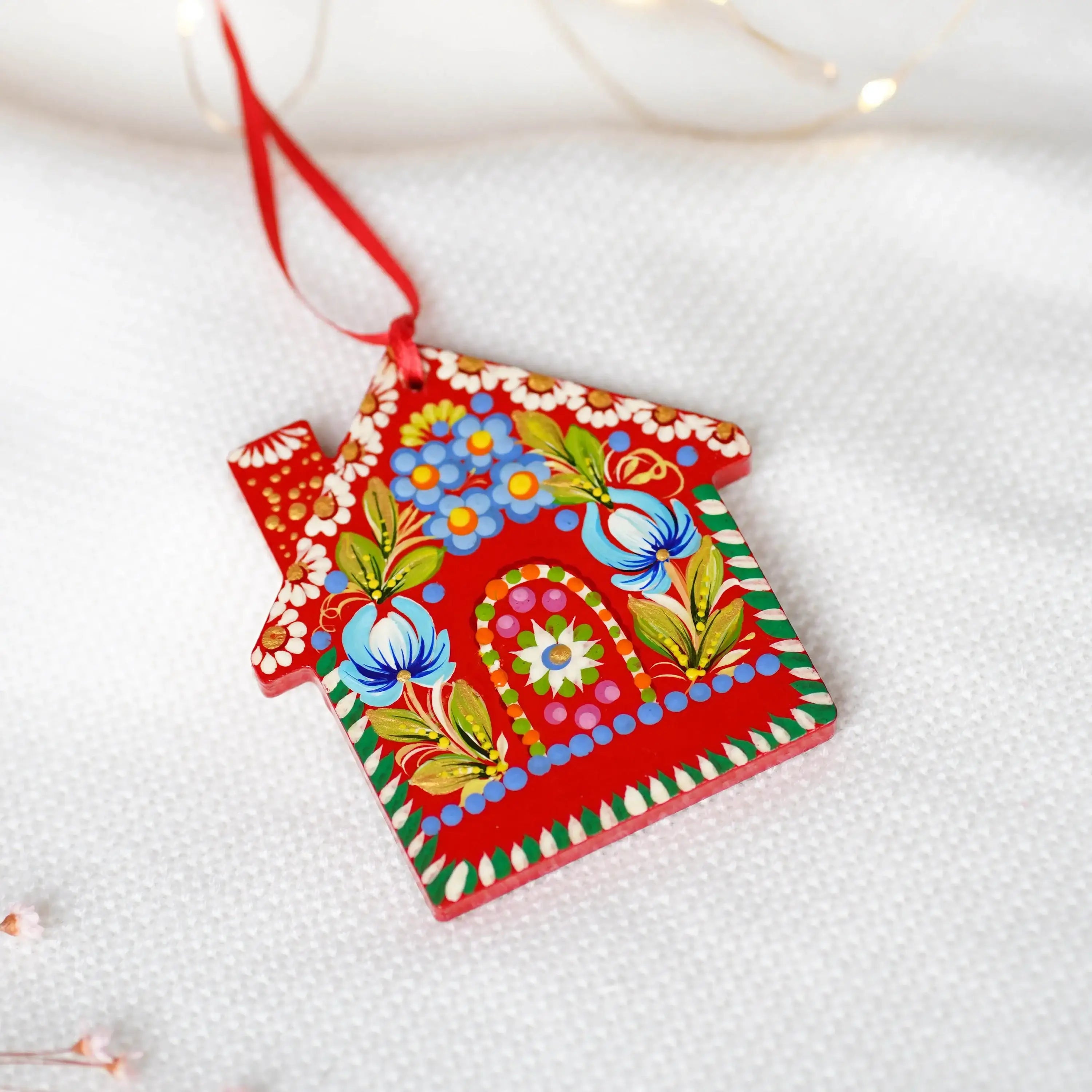 Personalized Set of 2 Wooden Painted Gingerbread House Ornament & Red Barn Ornament - Handmade Petrykivka Art