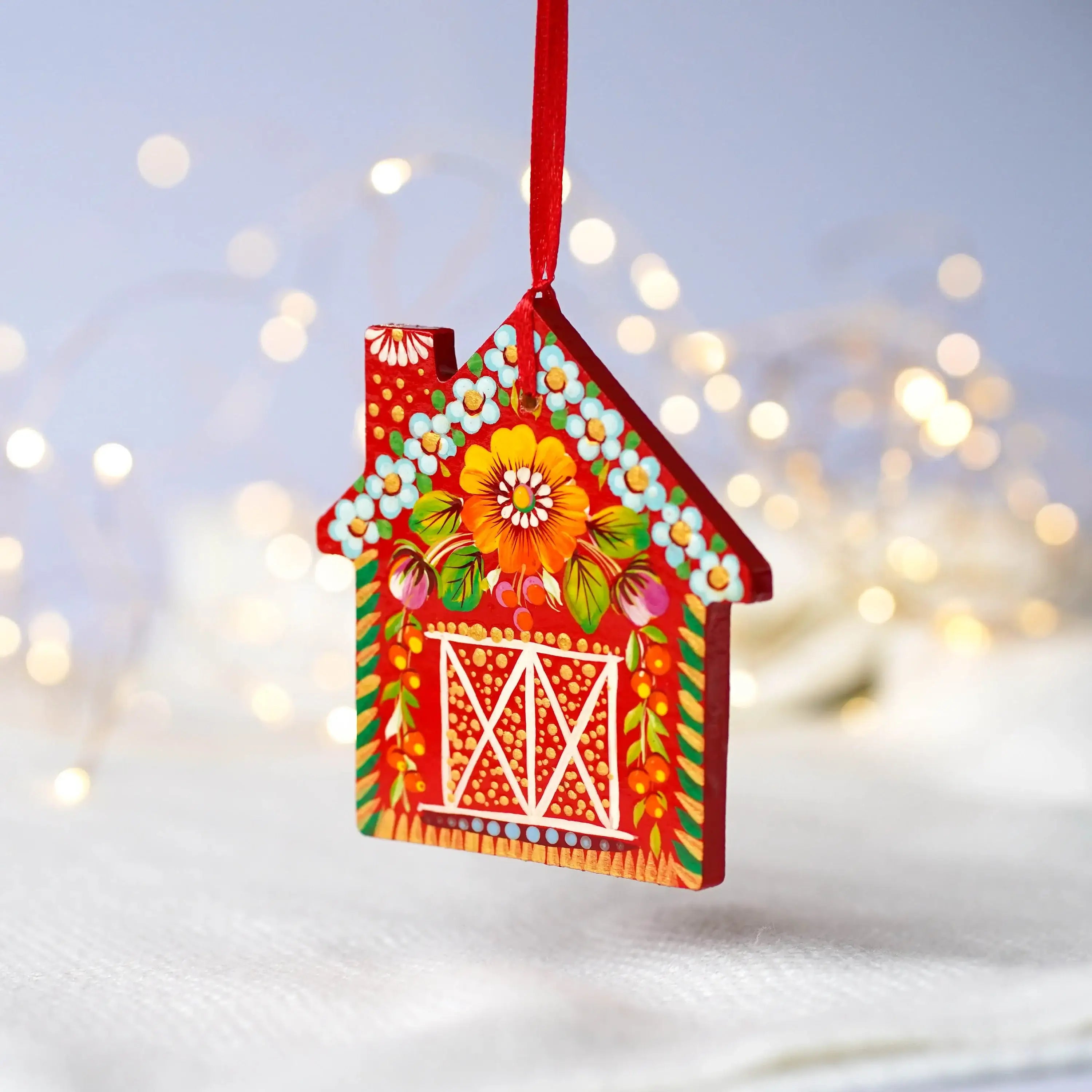 Personalized Set of 2 Wooden Painted Gingerbread House Ornament & Red Barn Ornament - Handmade Petrykivka Art