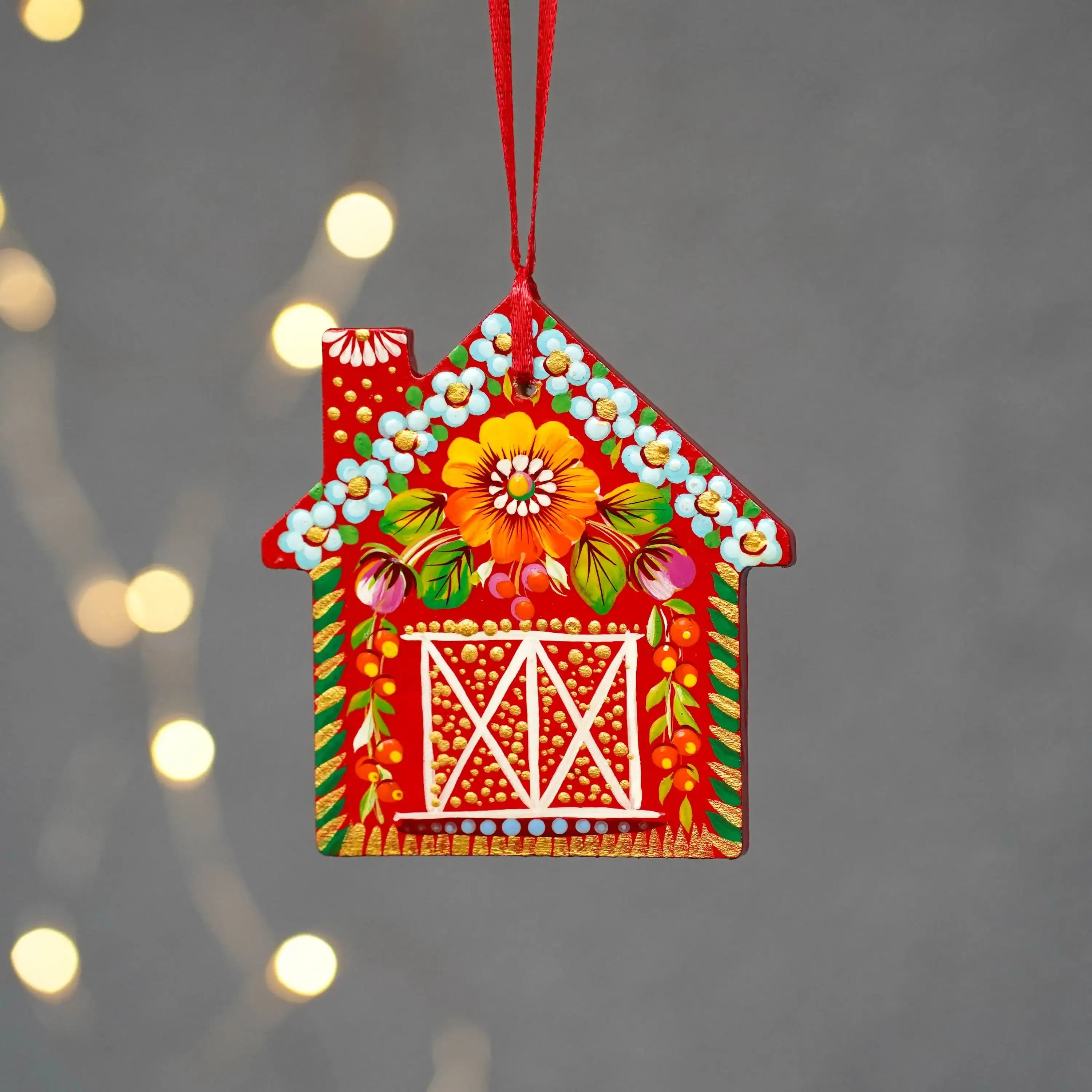 Personalized Set of 2 Wooden Painted Gingerbread House Ornament & Red Barn Ornament - Handmade Petrykivka Art