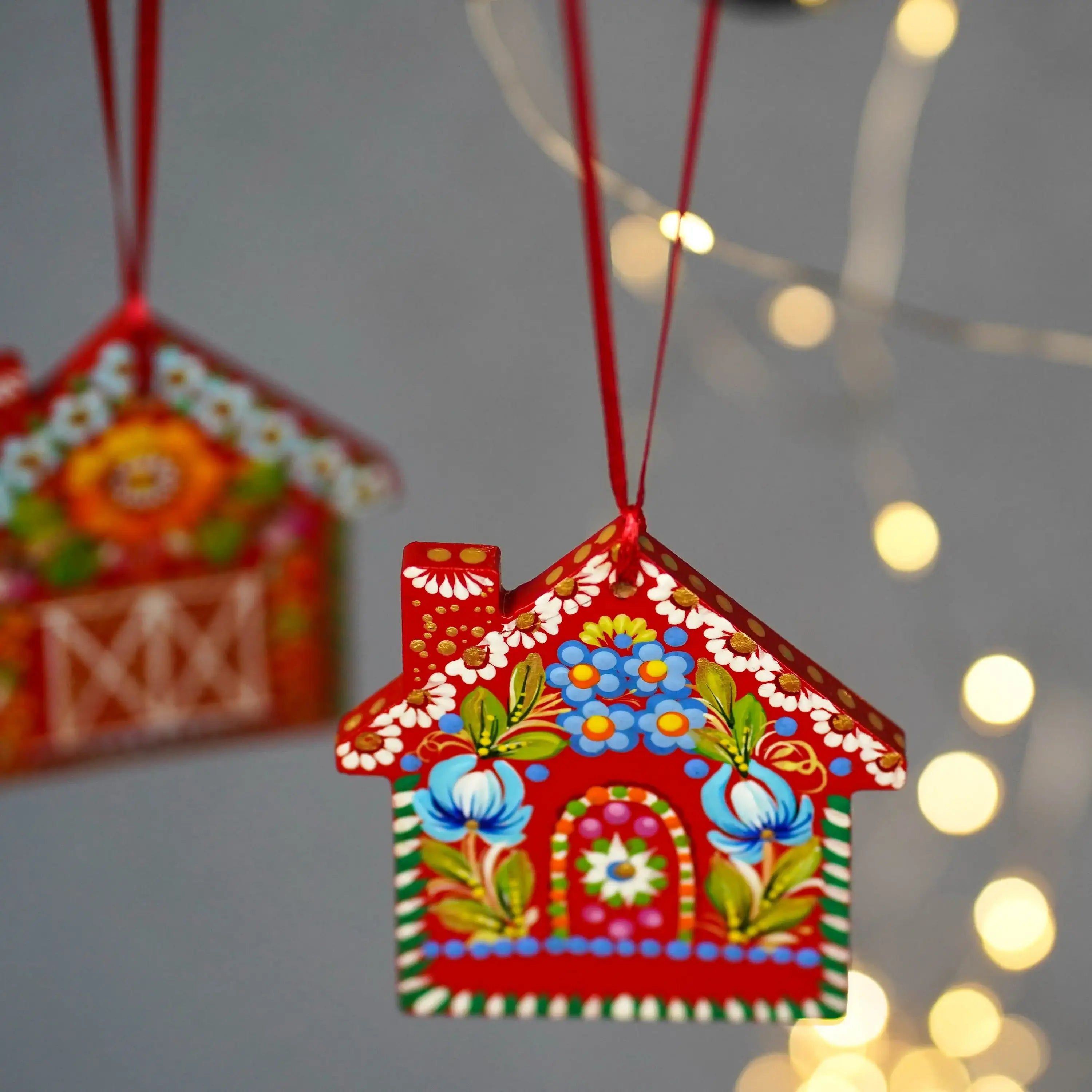 Personalized Set of 2 Wooden Painted Gingerbread House Ornament & Red Barn Ornament - Handmade Petrykivka Art