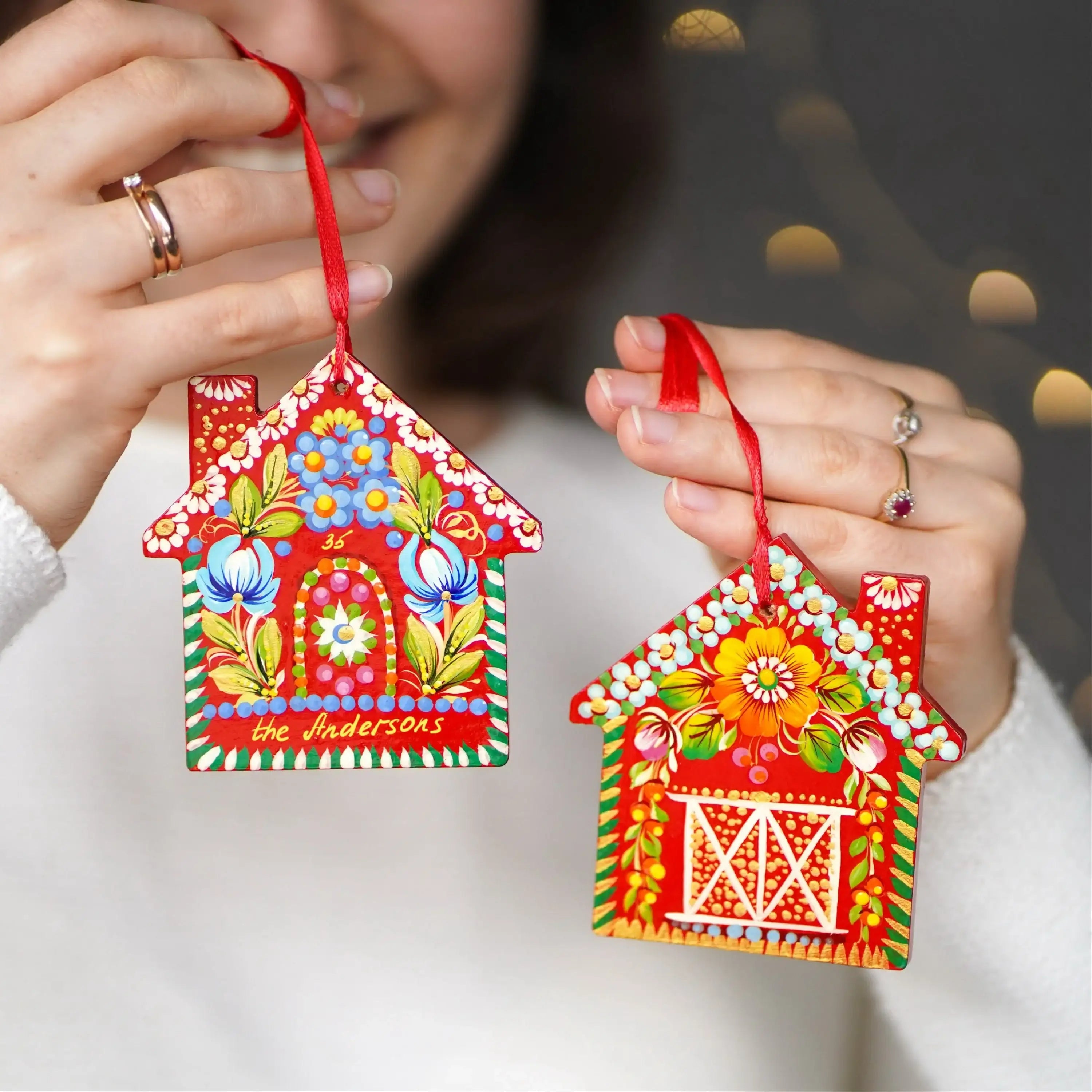 Personalized Set of 2 Wooden Painted Gingerbread House Ornament & Red Barn Ornament - Handmade Petrykivka Art