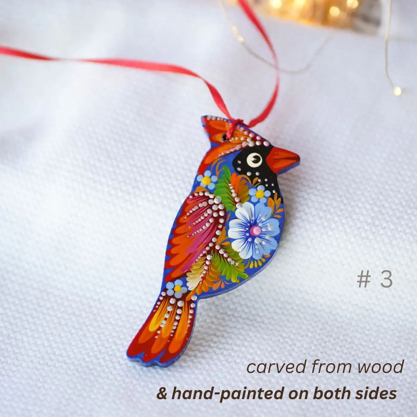 Painted Wooden Cardinal Christmas Ornament - Artisanal Red Bird Christmas Tree Decoration, Petrykivka Art