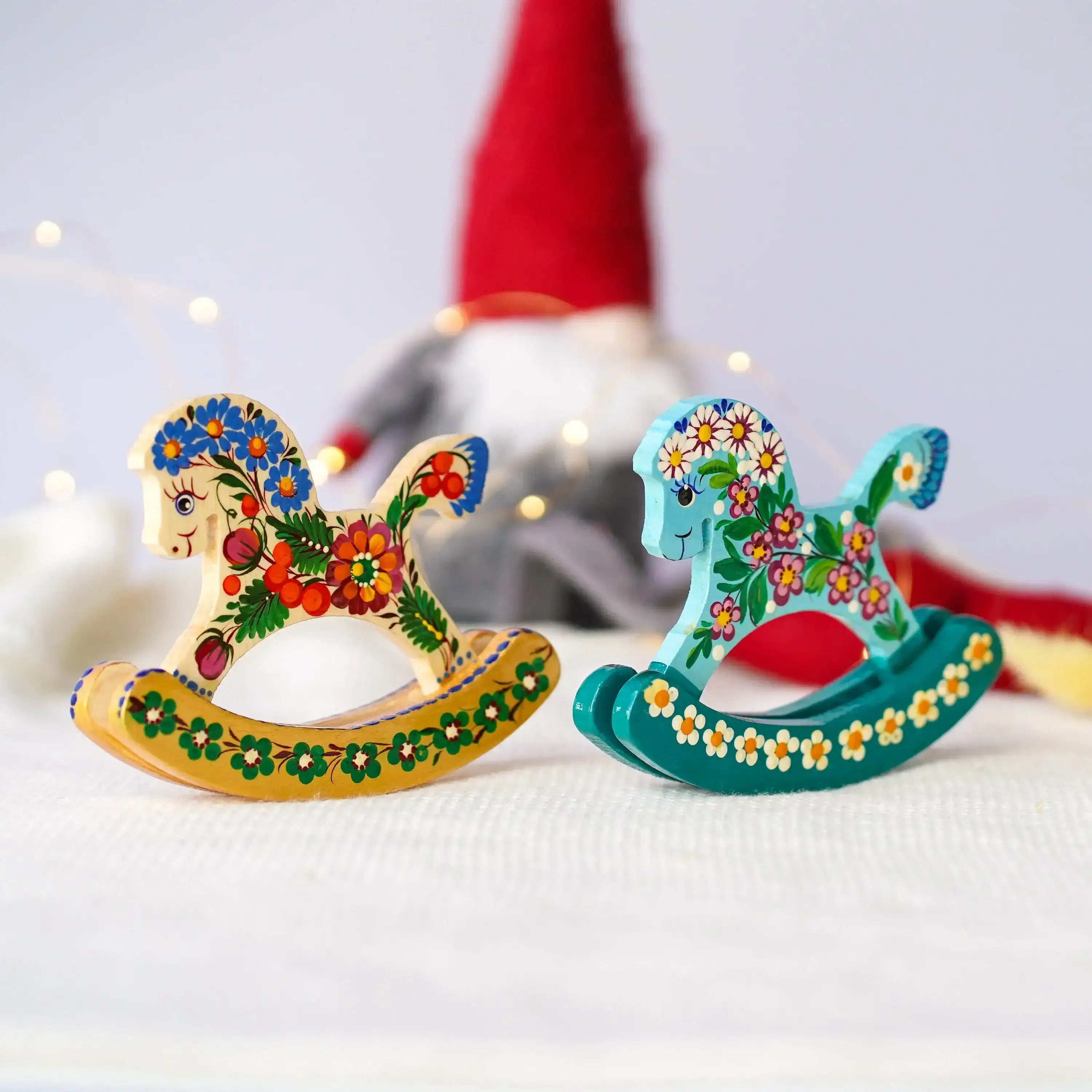 Wooden rocking horse ornament hand-painted with Ukrainian folk art, Personalized handmade horse Christmas ornament, Cute desk decor