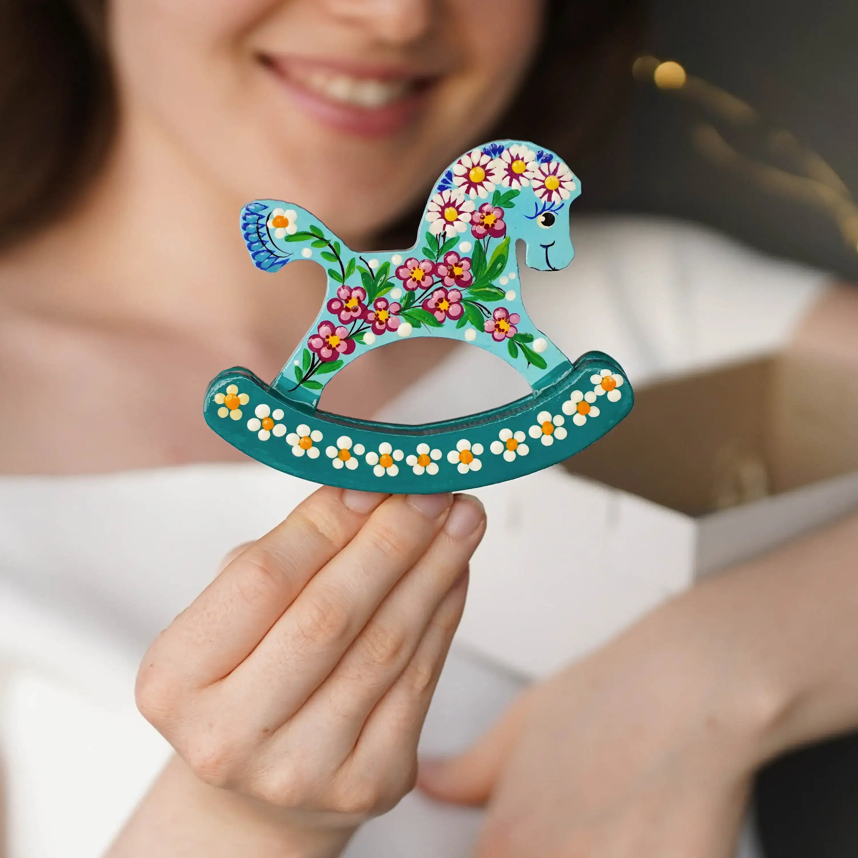 Wooden rocking horse ornament hand-painted with Ukrainian folk art, Personalized handmade horse Christmas ornament, Cute desk decor