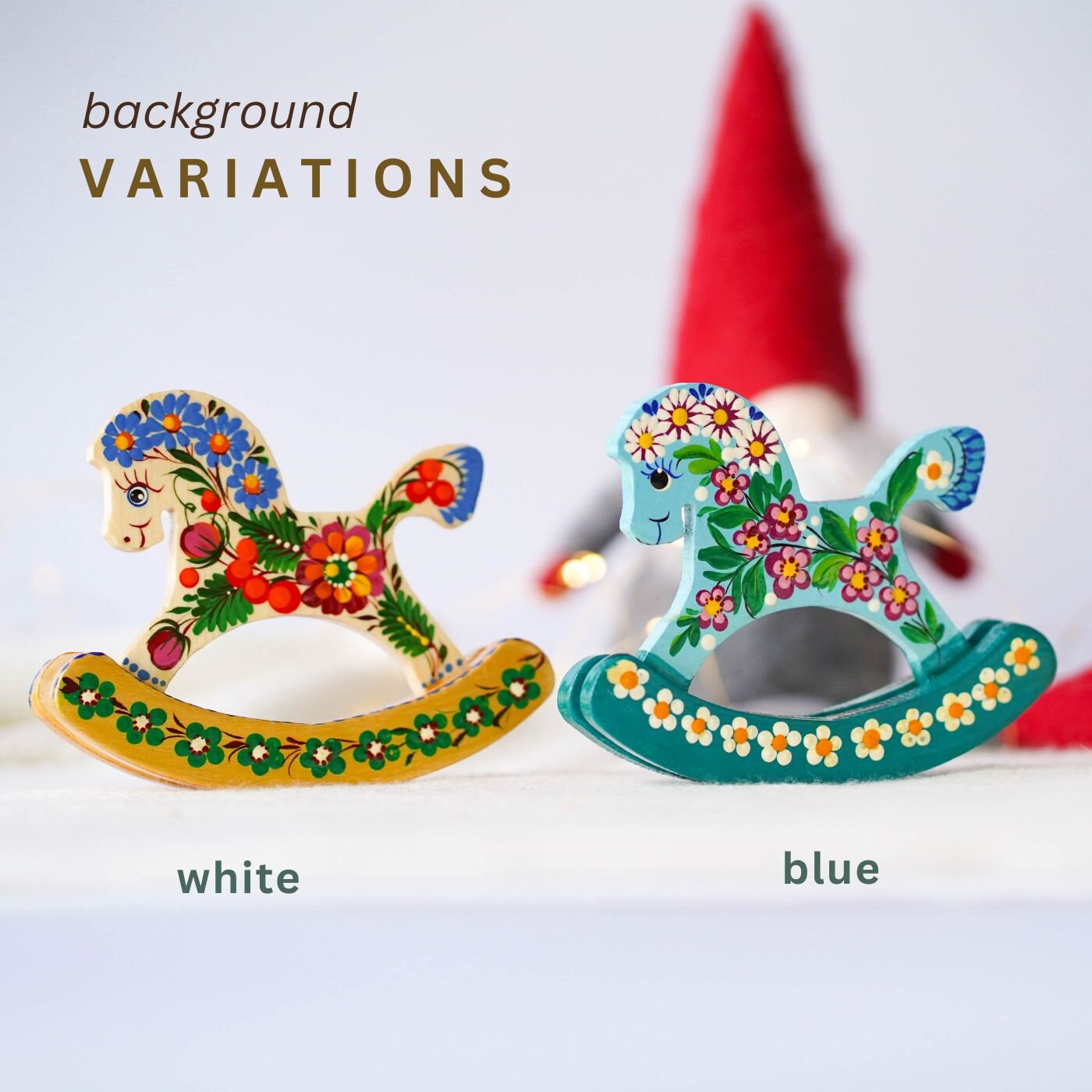 Wooden rocking horse ornament hand-painted with Ukrainian folk art, Personalized handmade horse Christmas ornament, Cute desk decor