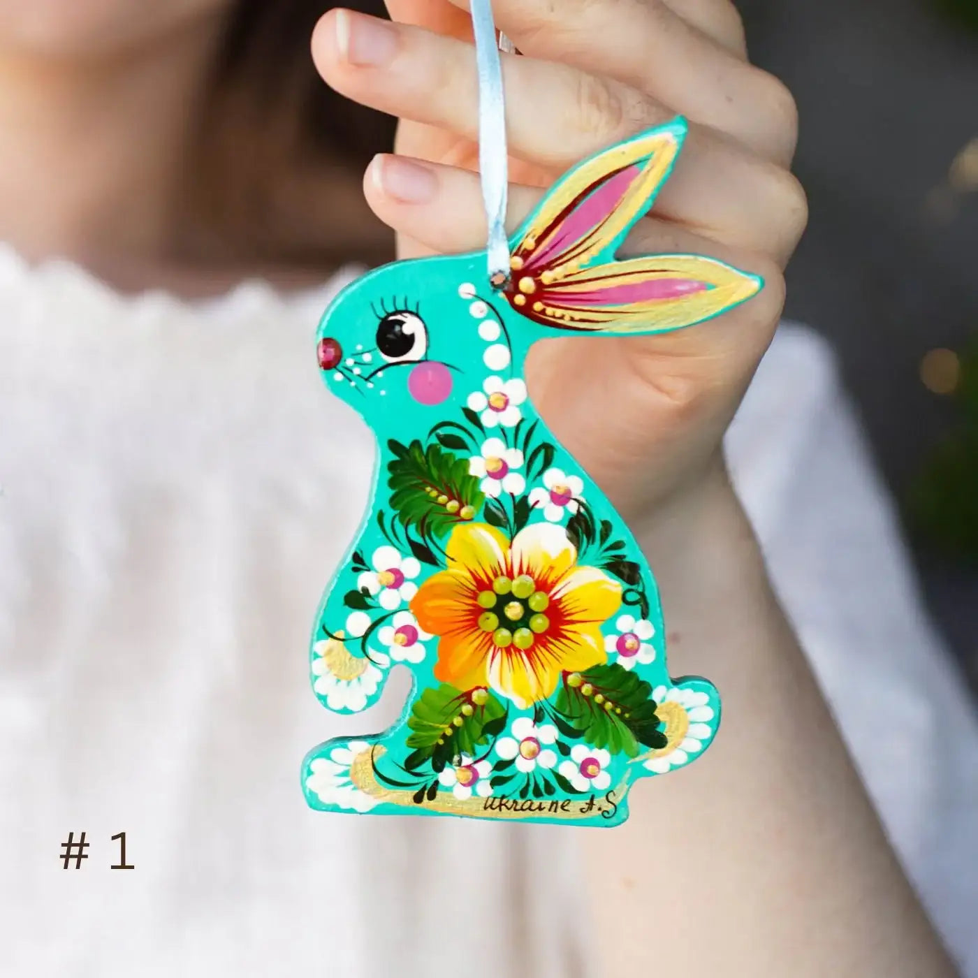 Painted Sunflower Bunny Ornament - Turquoise Wooden Ukrainian Ornament