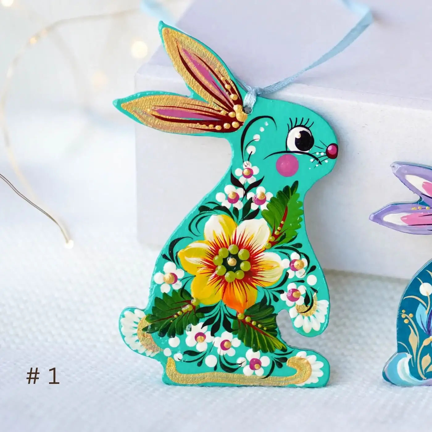 Painted Sunflower Bunny Ornament - Turquoise Wooden Ukrainian Ornament