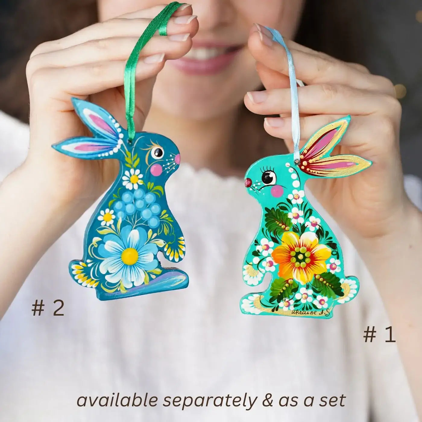 Painted Sunflower Bunny Ornament - Turquoise Wooden Ukrainian Ornament