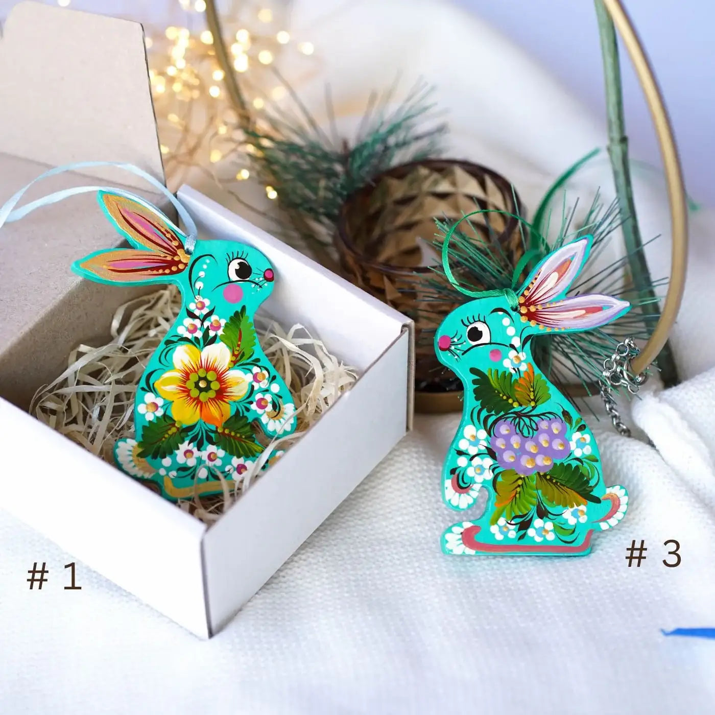 Painted Sunflower Bunny Ornament - Turquoise Wooden Ukrainian Ornament