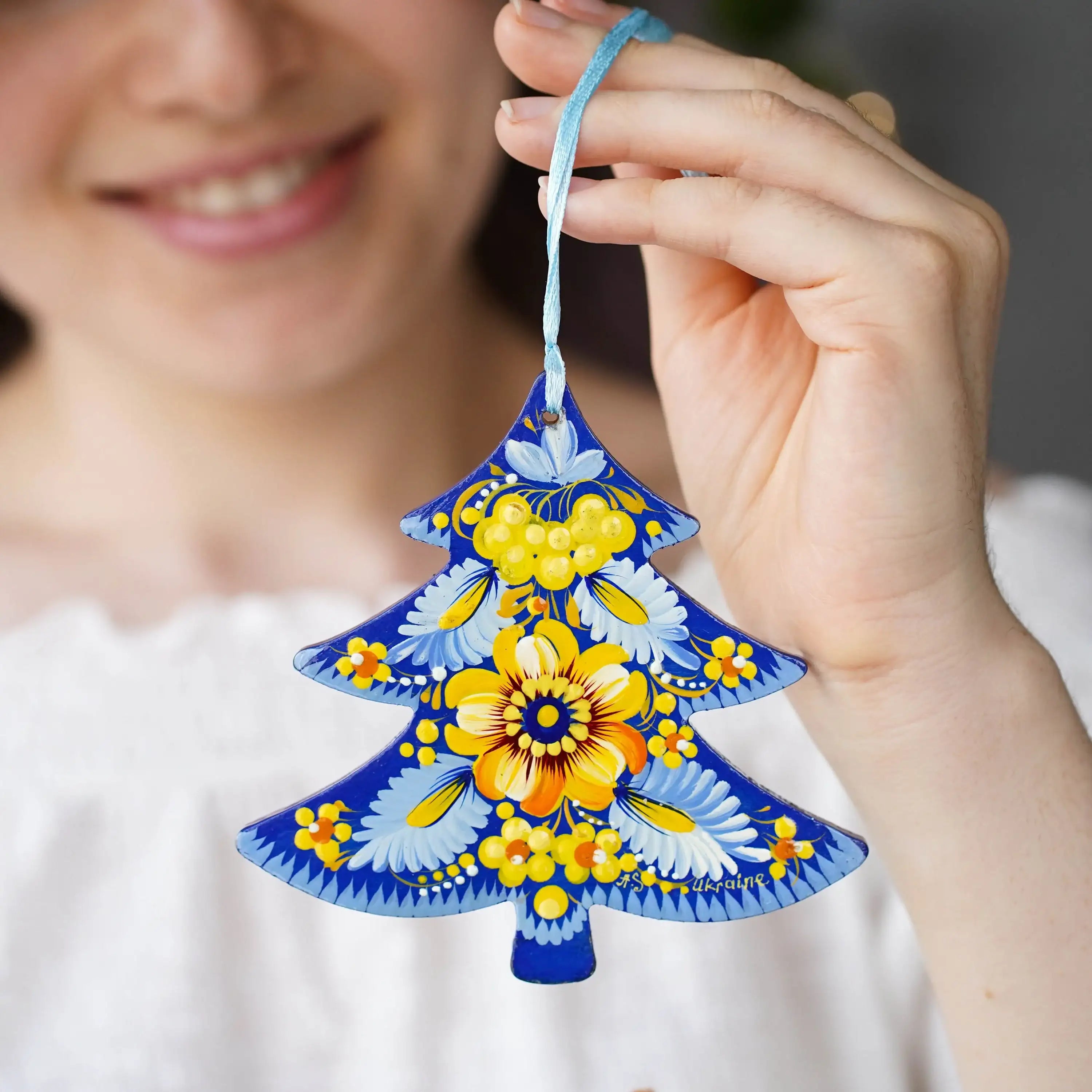 Hand-painted Ukrainian Christmas Tree Ornament Blue & Yellow