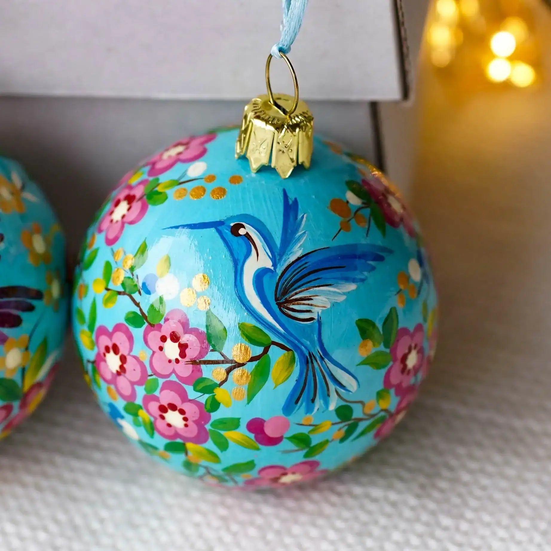 Hand-painted Set of 3 Hummingbird Christmas Ornaments Balls 2.4 in - Handmade Artisanal Christmas Tree Decorations, Petrykivka Art