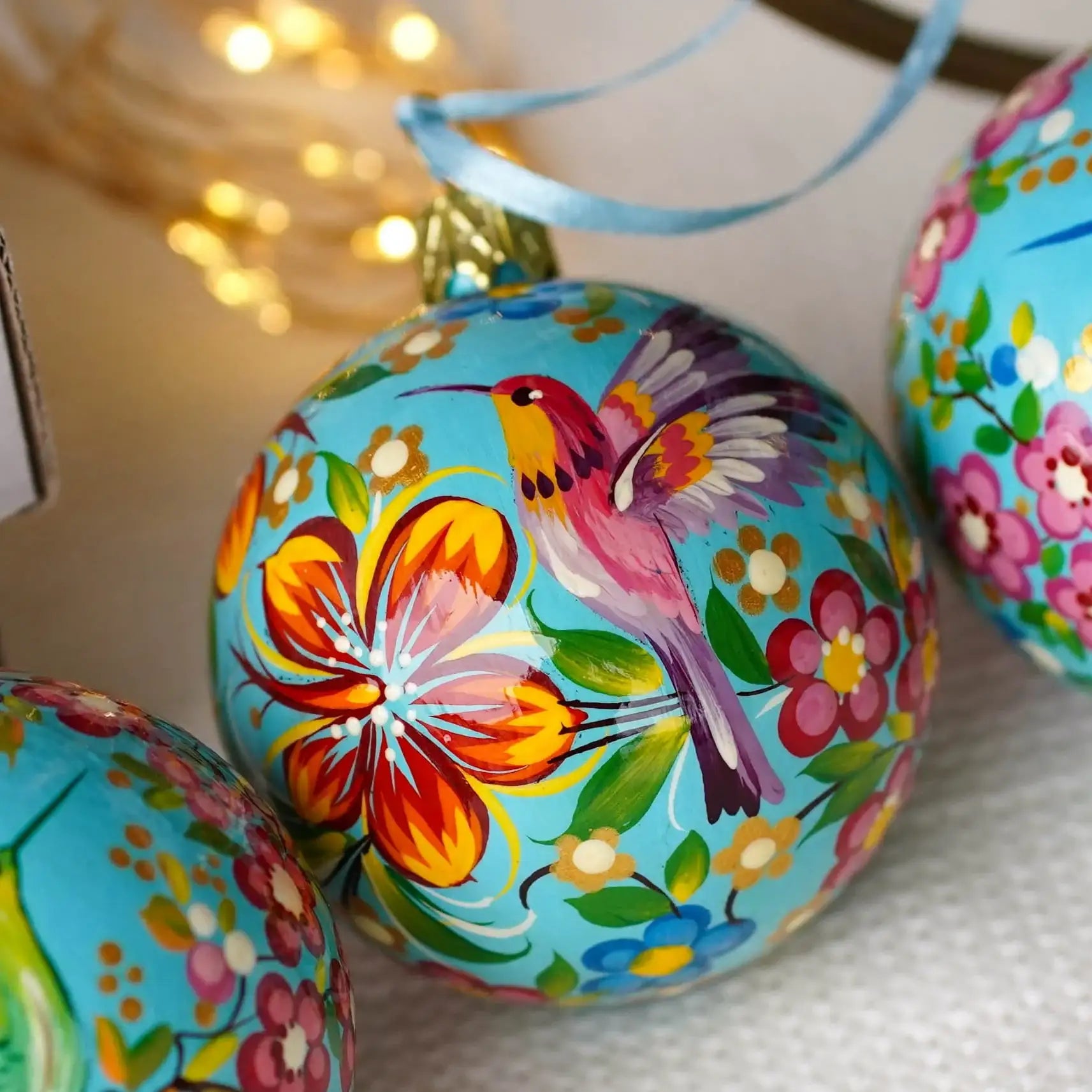 Hand-painted Set of 3 Hummingbird Christmas Ornaments Balls 2.4 in - Handmade Artisanal Christmas Tree Decorations, Petrykivka Art