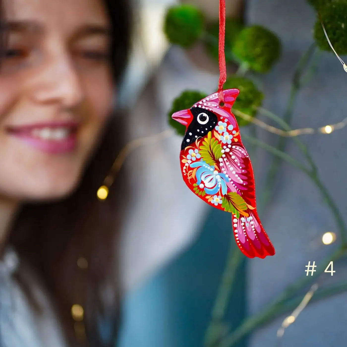 Painted Wooden Cardinal Christmas Ornament - Artisanal Red Bird Christmas Tree Decoration, Petrykivka Art