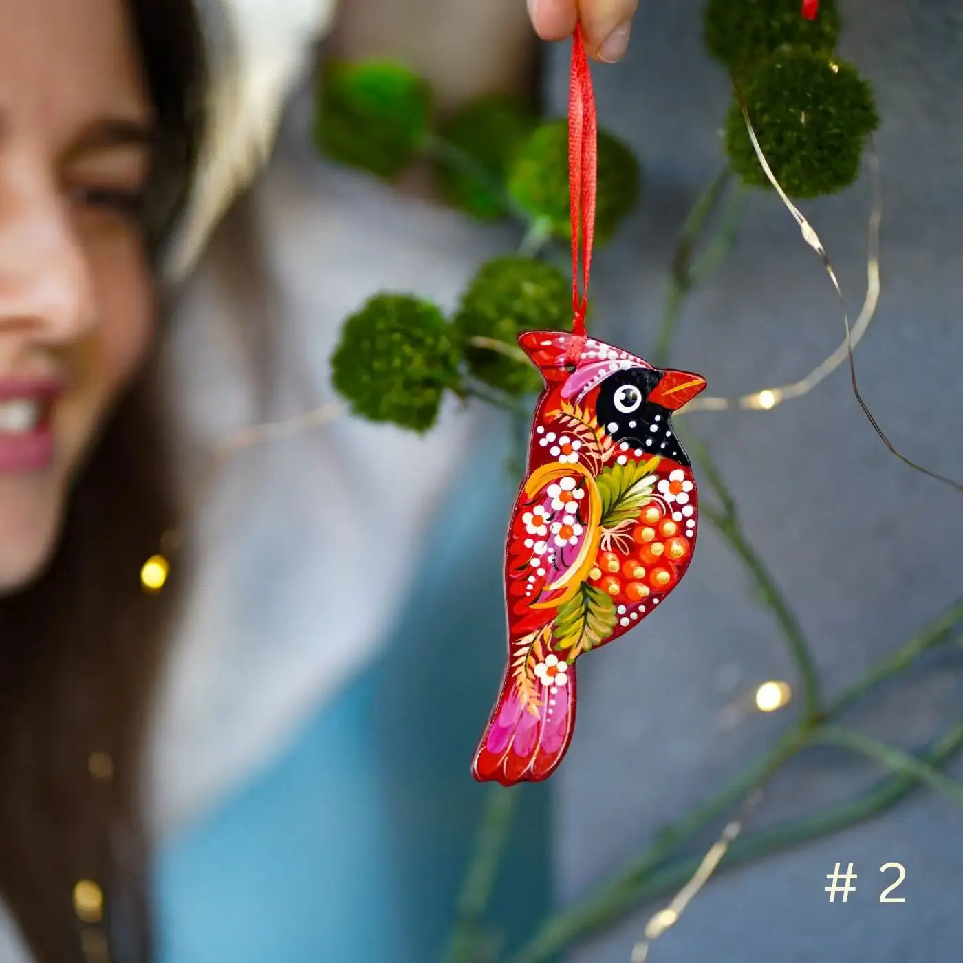 Painted Wooden Cardinal Christmas Ornament - Artisanal Red Bird Christmas Tree Decoration, Petrykivka Art