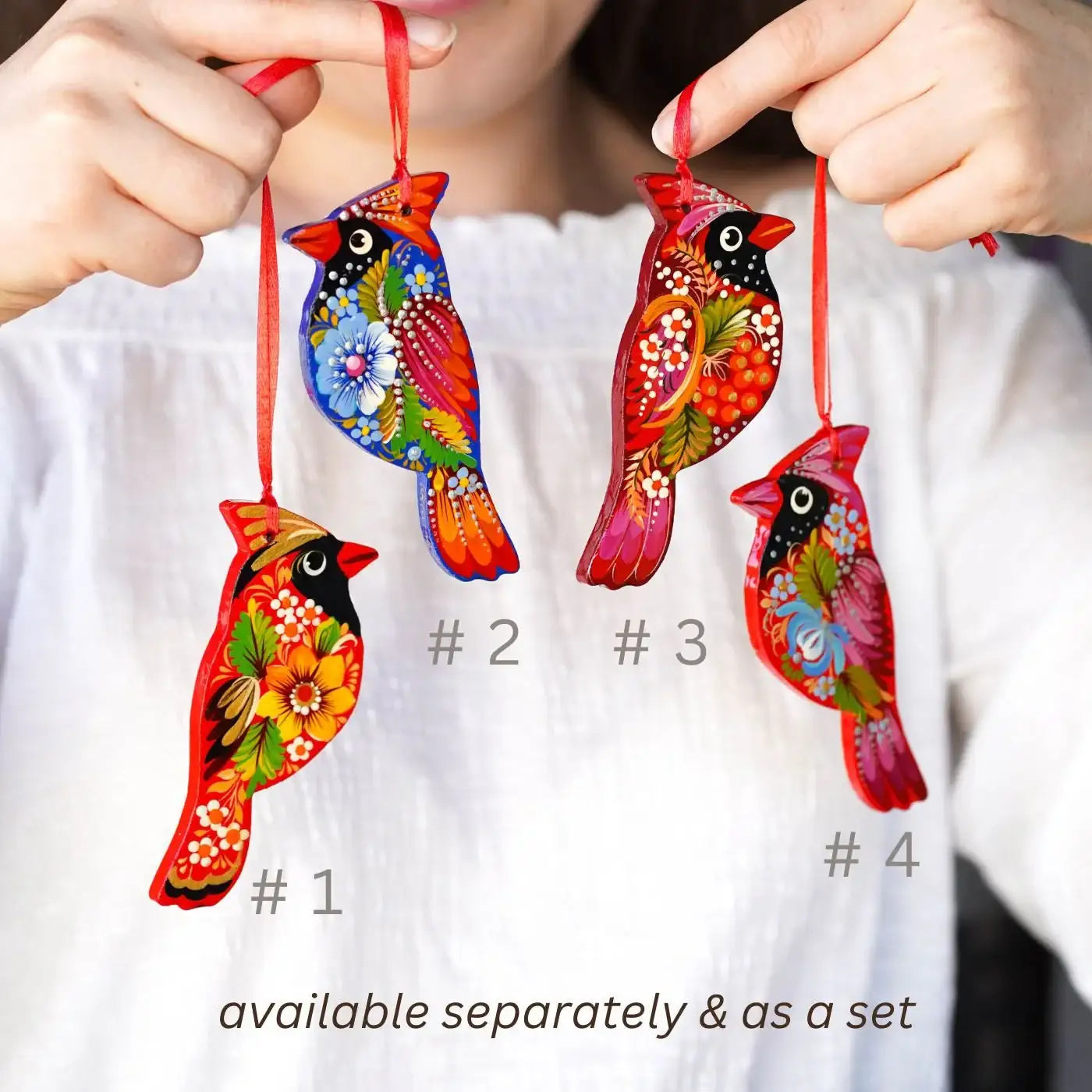 Painted Wooden Cardinal Christmas Ornament - Artisanal Red Bird Christmas Tree Decoration, Petrykivka Art