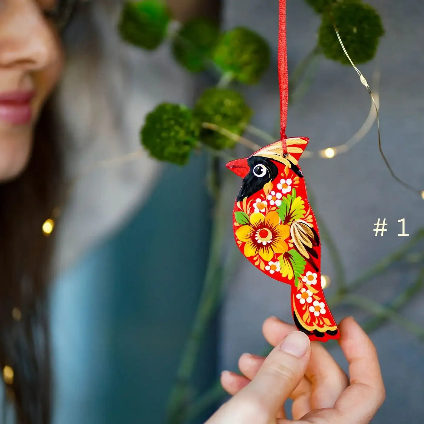 Painted Wooden Cardinal Christmas Ornament - Artisanal Red Bird Christmas Tree Decoration, Petrykivka Art