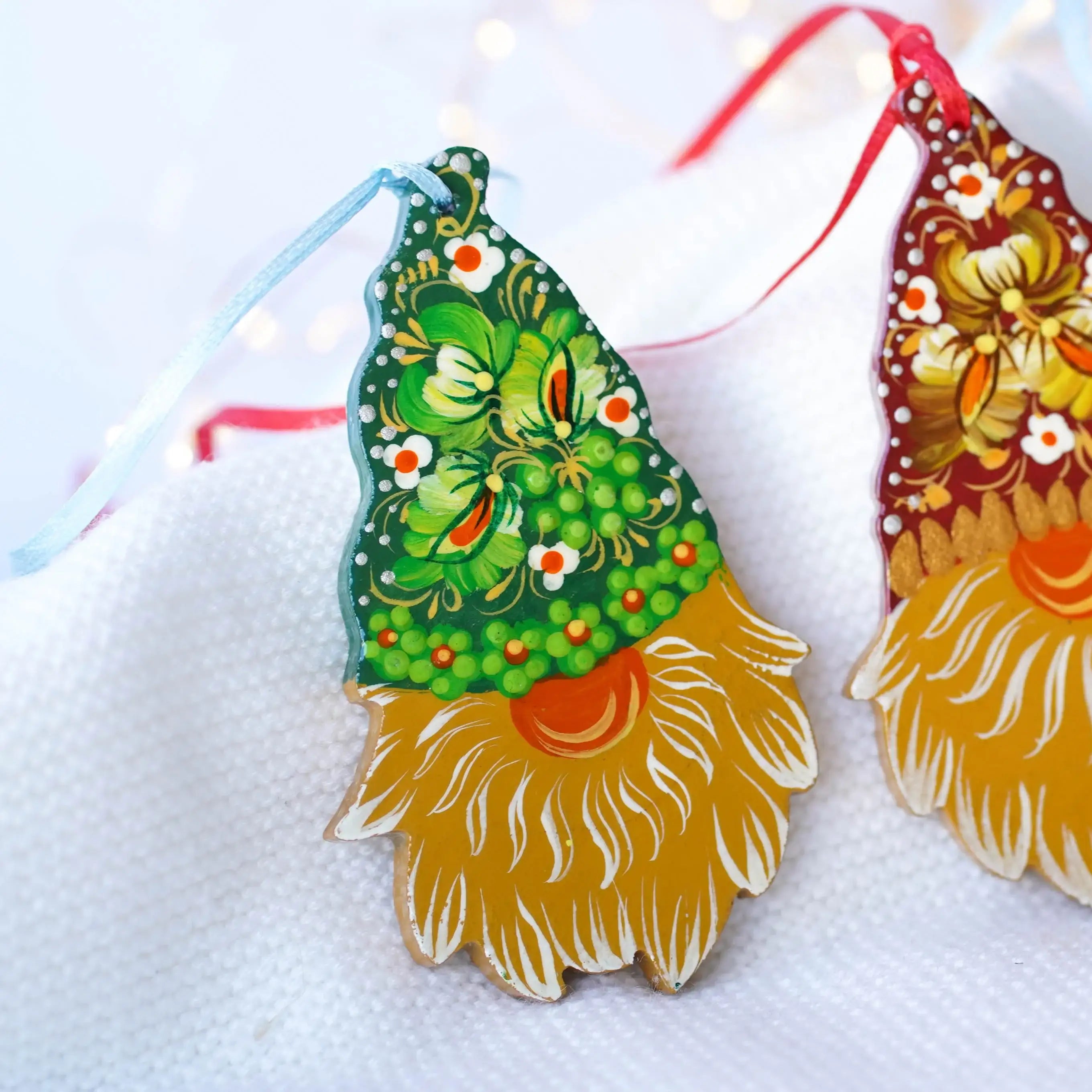 Gnome ornament set of 3 pcs - Hand painted wooden Christmas ornaments, Gift-wrapped