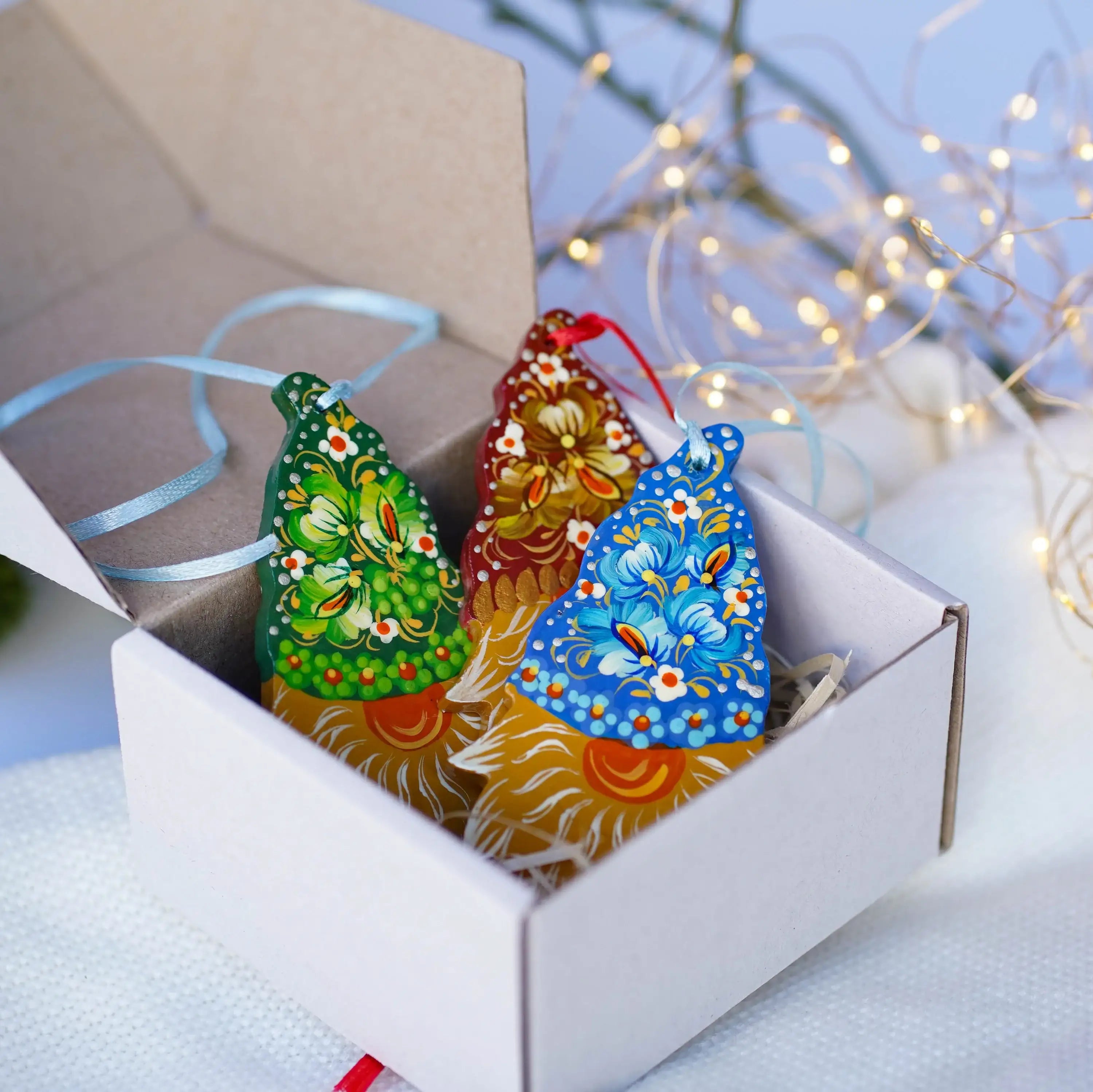 Gnome ornament set of 3 pcs - Hand painted wooden Christmas ornaments, Gift-wrapped
