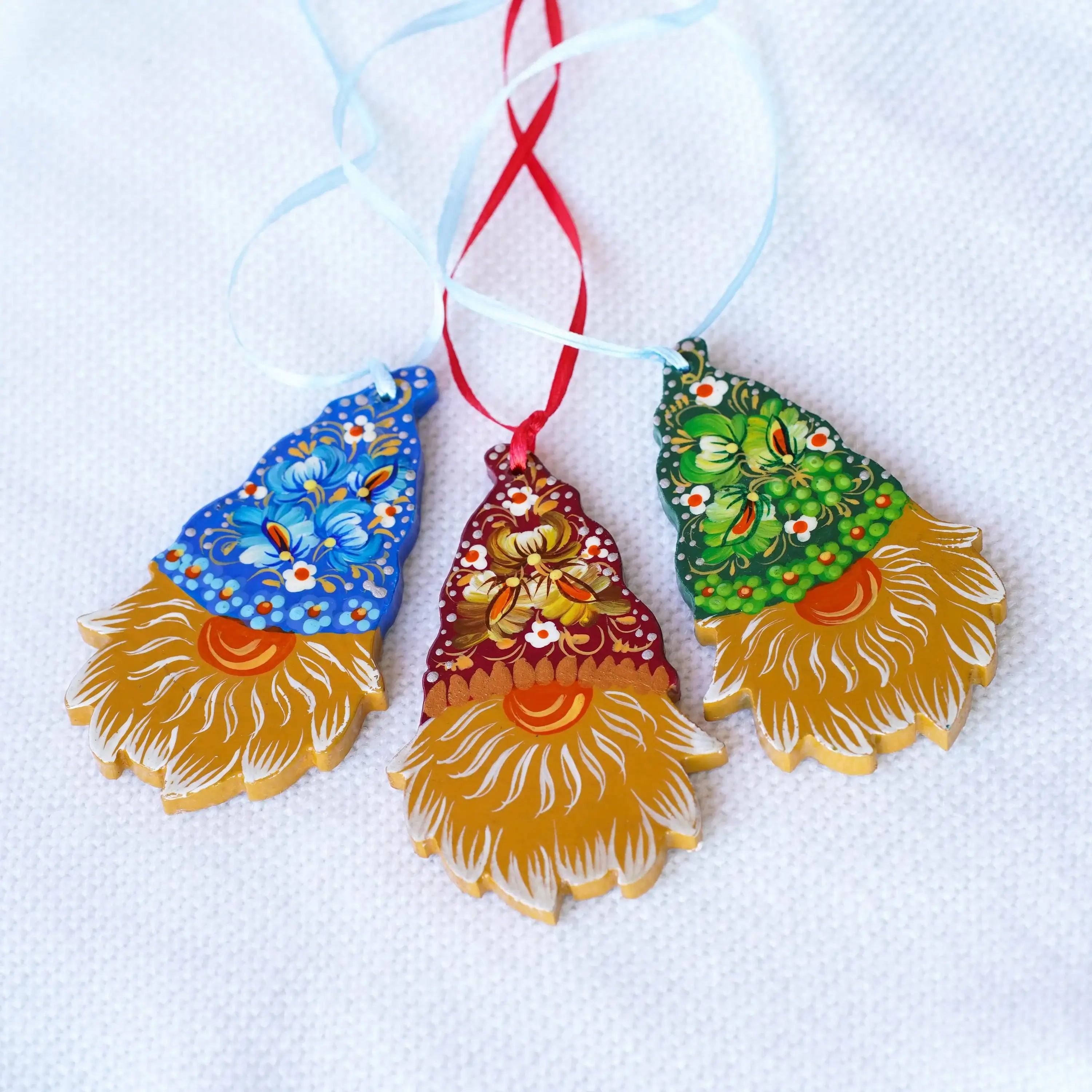 Gnome ornament set of 3 pcs - Hand painted wooden Christmas ornaments, Gift-wrapped